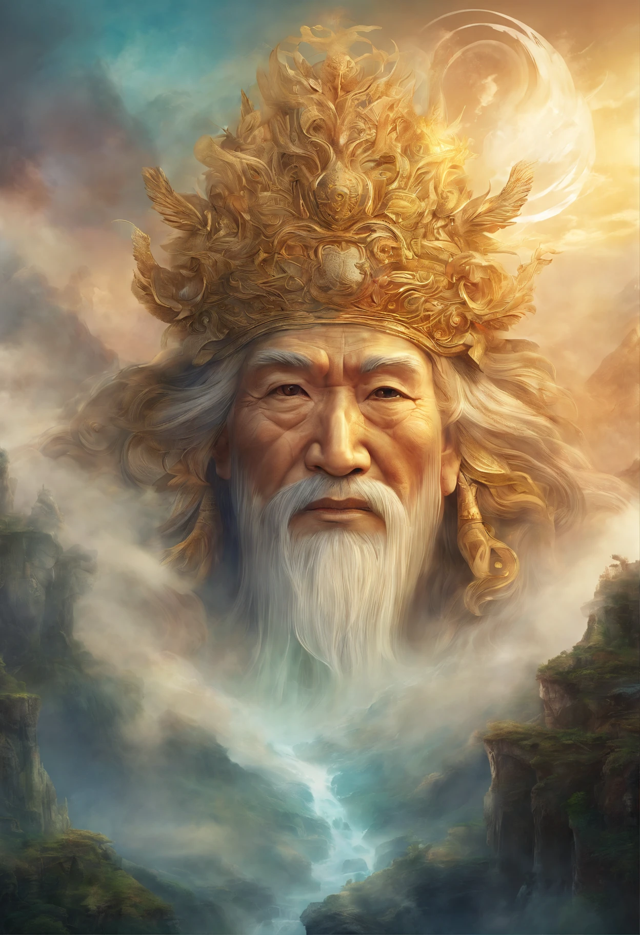 An elderly face surrounded by clouds painting prompt: Jade Emperor, Mythological legends, Fantasy artwork, Exquisitely carved, Transformation masterpiece, Created by Hans in high resolution, Made of mist, (best quality, 4k, 8k, highres, masterpiece:1.2), Ultra-detailed, (realistic, photorealistic, photo-realistic:1.37), Hans' creation, Fantasy artwork, Exquisitely carved, Made of mist.