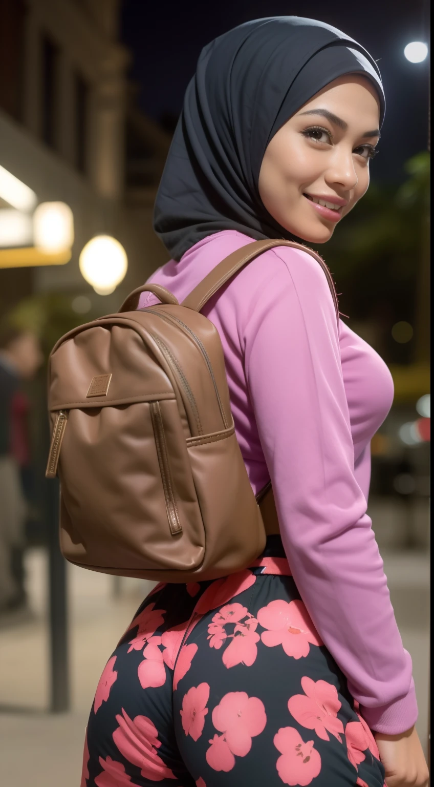 Malay girl in hijab wear small floral baju kurung malaysia in college, wear back pack, back view, detail skin, detail skin texture, mole below eyes, small breast, big hip, big waist, big round ass, big thigh, slim abs, beautiful body, nighttime, laughing, happy, bright lighting, college student in background, crowded college, blur background, bokeh,