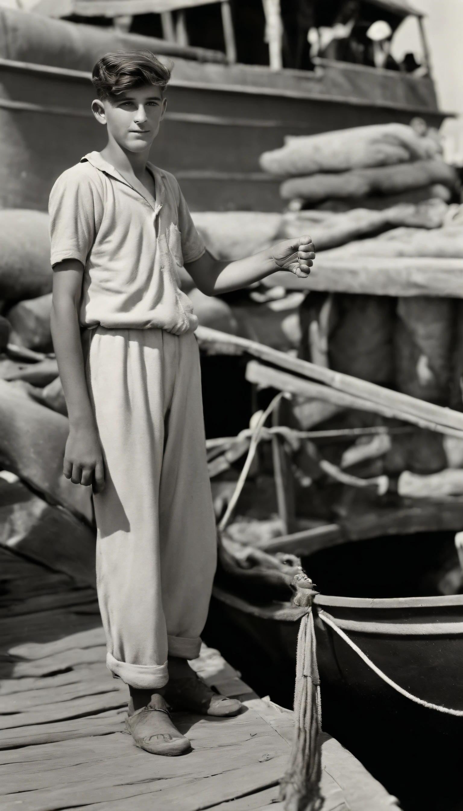 poor -yeld wh boy standing holding small mox peanuts and waving with his hands in the boat port of Algeria waving with his hand, Clouths sales ,1948,corps entier, real photography, French architecture, Provia, Security Officer, Vignette, petit nombre de personnes, real, Grand cadre