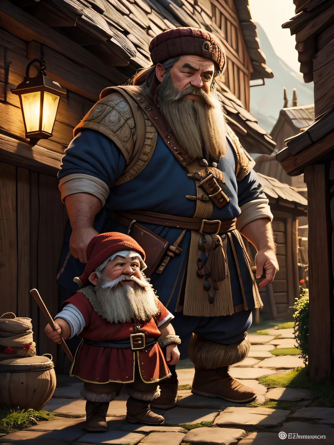 [Dwarf and Giant in the Village], [digital illustation], [Estilo de Conto de Fadas com um toque de humor], [Inspired by folk stories], [DeviantArt], [High definition to detail the characters], [Paleta de cores vibrante e encantadora], [Soft and magical lighting], [Wide camera lens to capture the scene] [Comedic perspective], [Qualidade da imagem encantadora]