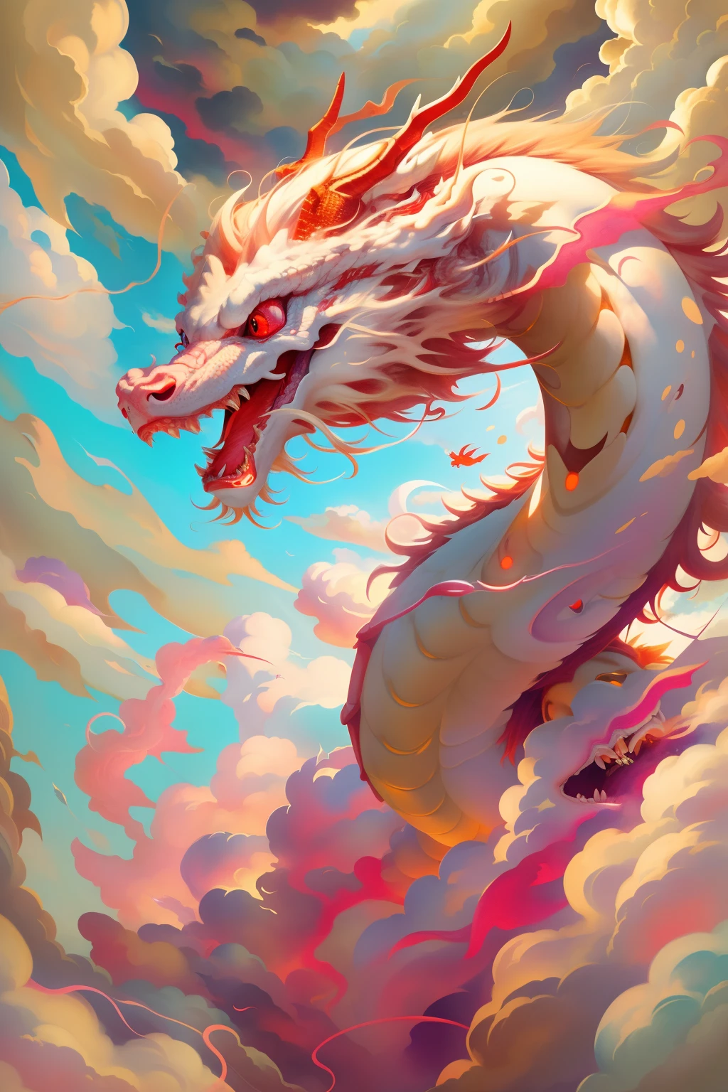 A dragon rises from the sea of clouds、Carrying great happiness、Huge gold and red body、High detail、High resolution、High color rendering、High resolution、Surreal、Realistic、Rainbow colors、Pastel colored scales