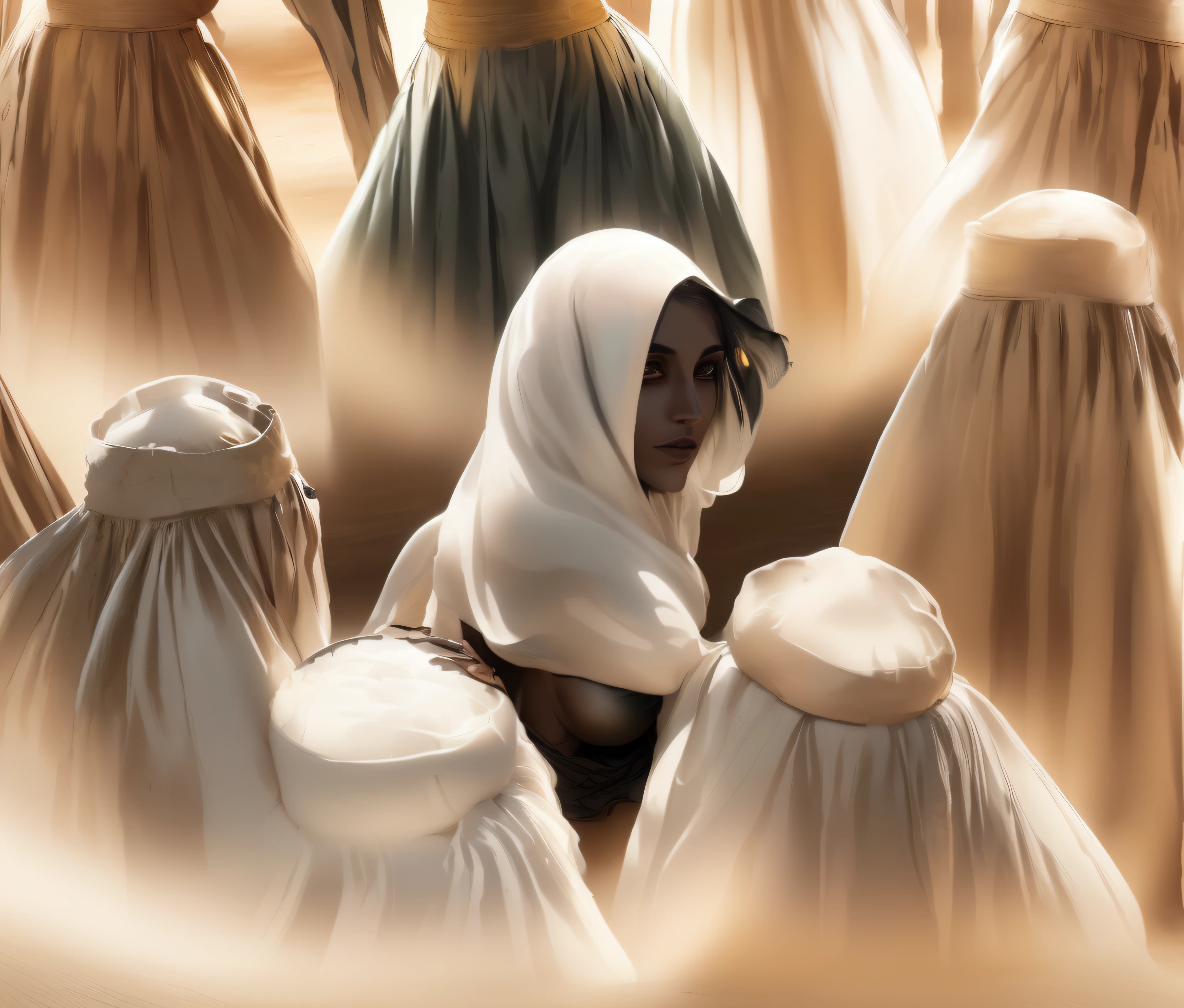(best quality,4k,8k,highres,masterpiece:1.2),ultra-detailed,(realistic,photorealistic,photo-realistic:1.37),Arab woman,(White traditional dress),detailed jewelry,vibrant colors,expressive eyes,lush black hair,flowing garments,peaceful expression,beautiful background,desert landscape,dreamy soft lighting,luminous tones,ethereal atmosphere,subtle shadows,majestic aura,henna patterns,glowing skin,captivating beauty,sand dunes,mystical vibe,sandstorm, (Surrounded by other covered up Arab woman, black traditional dress)  
detailed texture on fabrics,dramatic contrast, woman in profile,feminine grace,artistically rendered,rich cultural heritage,traditional headscarf,ornate accessories,cultural significance,radiant smile,confident stance,serene and graceful,bold and powerful,proud heritage,deeply rooted values,strong cultural identity,jewels sparkling,piercing gaze,poised and elegant,blending tradition and modernity,graceful movements,soft and ethereal,exquisite detail,pure and natural,quiet strength of a desert,traditional nomadic tent,colorful embroidery,distant oasis,tranquil and serene,unfathomable mystery,evocative beauty.