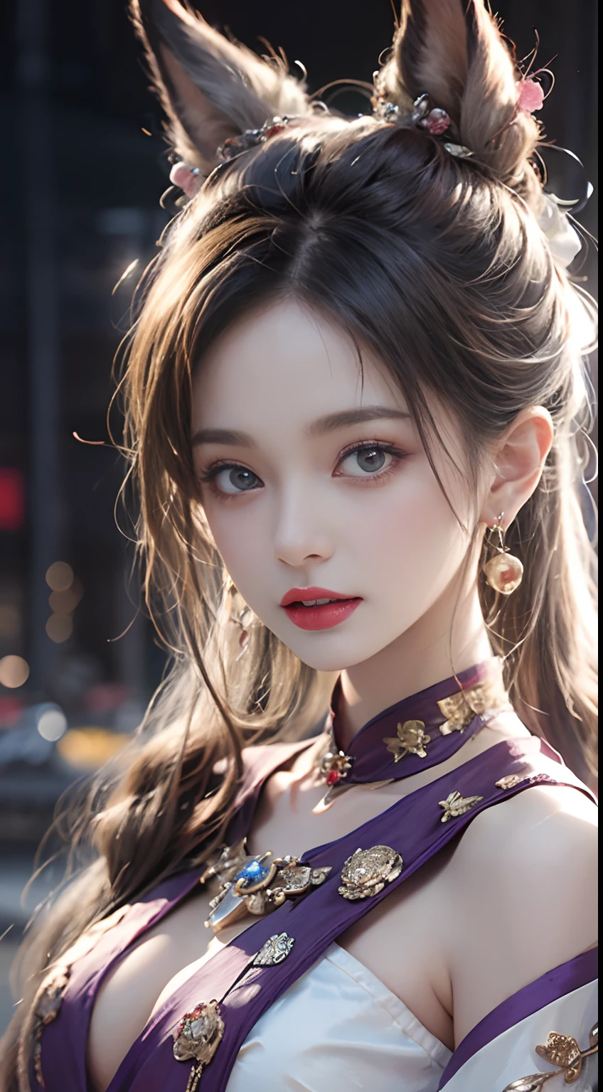 1 beautiful girl in Han costume, thin purple silk shirt with white color with many textures, white lace top, long platinum purple ponytail, Hair Jewelry, ear jewelry, light purple rabbit ears, necklace and necklace, meticulously drawn large purple eyes, meticulous makeup, Thin eyebrows, High Nose, lovely red lips, not smiling, pursed lips, rosy cheeks, wide breasts, Big breasts , well-proportioned bust, Slim waist, purple mesh socks, chinese hanfu style, fictitious art textures, vivid and realistic colors, RAW Photos, Realistic Photos, ultra high quality 8k surreal photos, (effective fantasy light effect: 1.8), 10x pixel, magical effect (Background): 1.8), ultradetailed eyes, girl body portrait, ancient hanfu background,