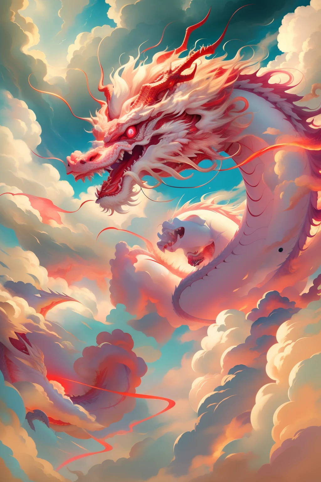 Best Quality,Masterpiece,extra high resolution, (Long:1.2),NOhumans, Cloud,  red eyes, (Sound signals of lighting), open mouth, skye, fangs, eastern dragon, cloudy sky, teeth, flying in the sky, Sateen,