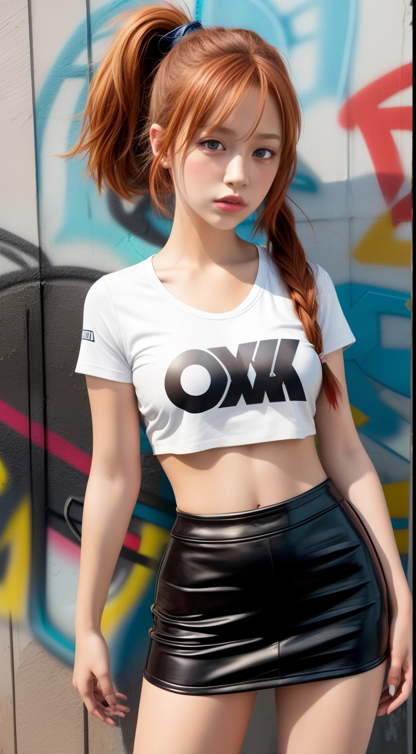 (best quality), masterpiece, extremely detailed CG uniform 8K illustration, high color, extremely high color saturation, all color deepening, paint, graffiti art, central composition, extremely detailed light and shadow, graffiti wall, 1 girl graffiti 1 girl looking at the wall, extremely detailed face and eyes, imperial red middle length hair, imperial red hair, imperial red, sportswear, colored clouds, crop top, leather skirt, bad girl, midshot, high ponytail, centered image, in a highway cybertown