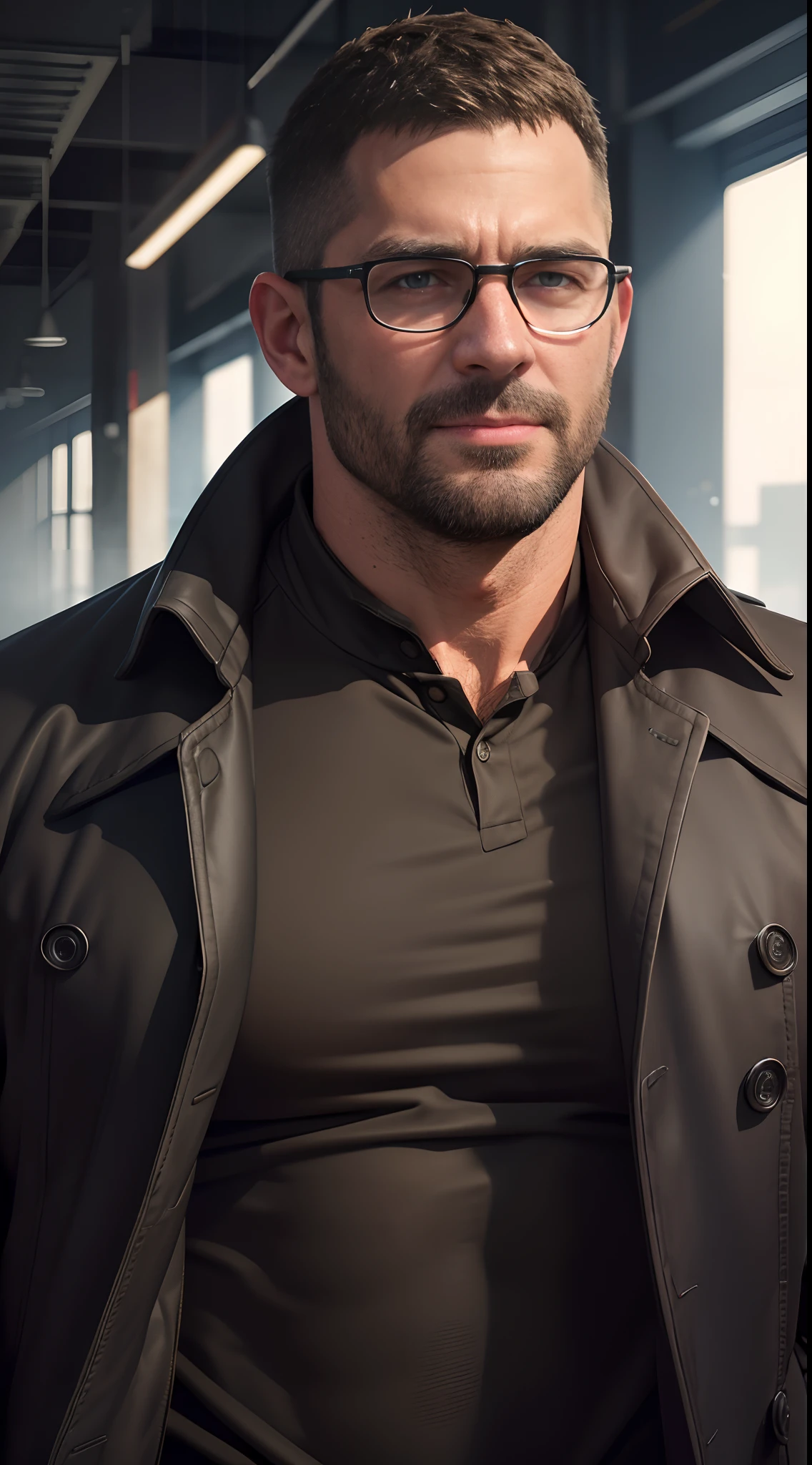 An award-winning original photo，A wild muscular man, (40 years old daddy:1.1), 1boy, Solo, (brown trenchcoat), (black dress shirt), (big shoulders), musculature, stubbles, Short beard, Beautiful eyes:1.3, ), (Detailed face:1.3), wearing glasses, smiles, Dynamic Angle, volumetric lighting, (Best quality, A high resolution, Photorealistic), Cinematic lighting, Masterpiece, RAW photo, Intricate details, hdr, depth of field, upper body shot