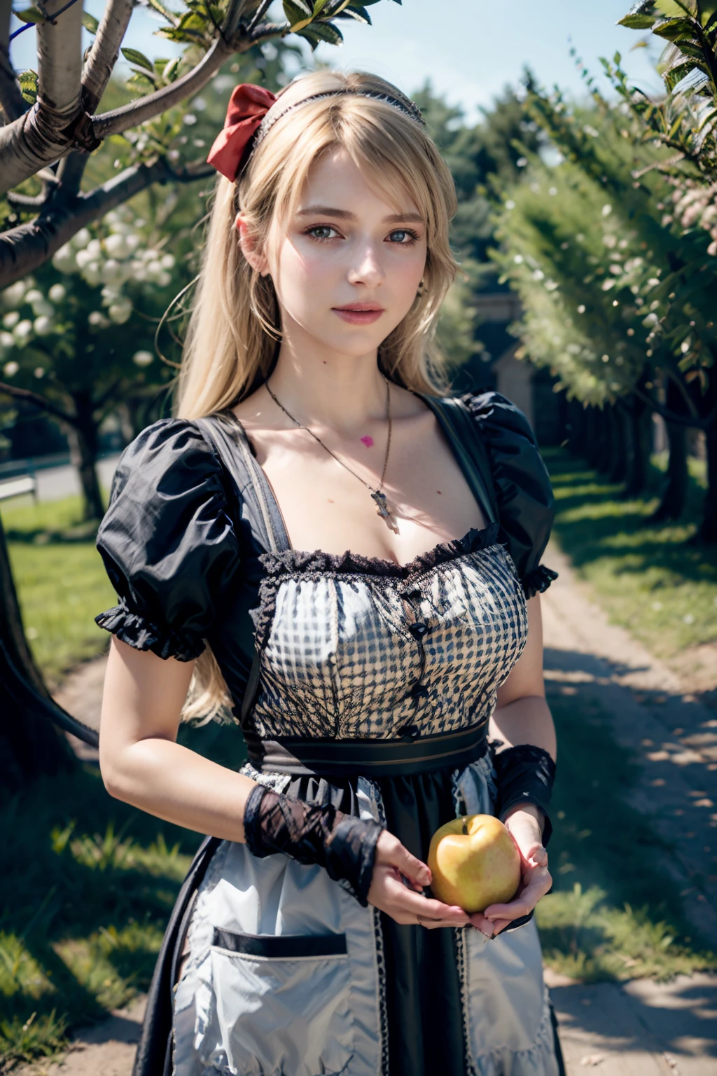 (Realistic:1.3), Finely detailed, Quality, Rembrandt lighting, (Masterpiece:1.2), (Photorealistic:1.2), (Best Quality), (detailed skin:1.3), (intricate details), dramatic, Ray Tracing, 1girl, 21 old years, detailed skin texture, (blusher:0.5), (goosebumps on skin:0.5), sub-surface Scattering, Smiling, Average Breasts,, Aamarri, Long hair, blonde hair, red eyes, hairband, hair ribbon, Dress, Key necklace, apron, frilled apron, Cowboy shot, (bright sunny day, exteriors, rows of fruit trees, Orchard),