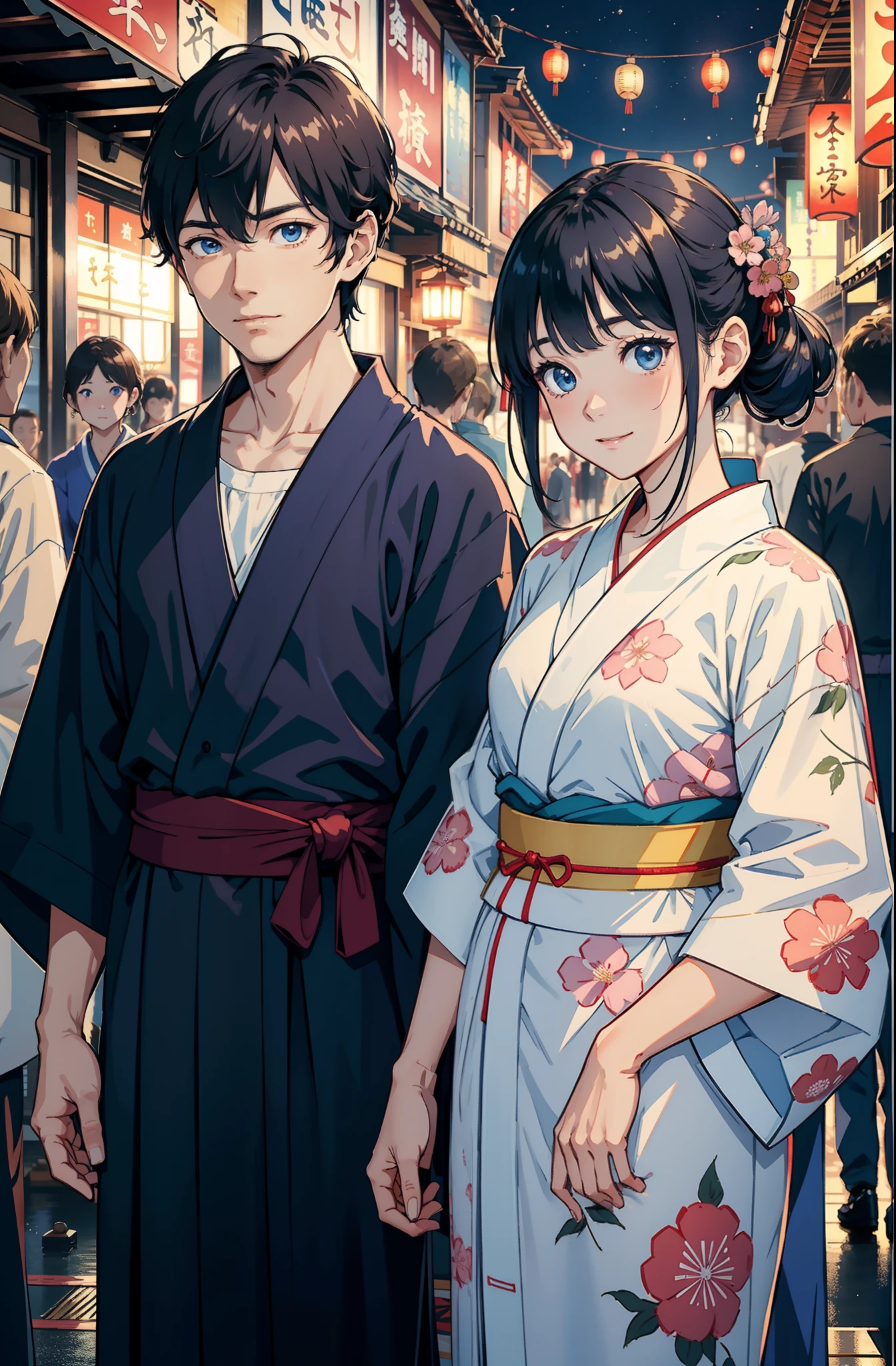 （top-quality、8K）Couple of men and women in yukata、matsuri、Men and women with height difference、Blue eyes、I'm smiling