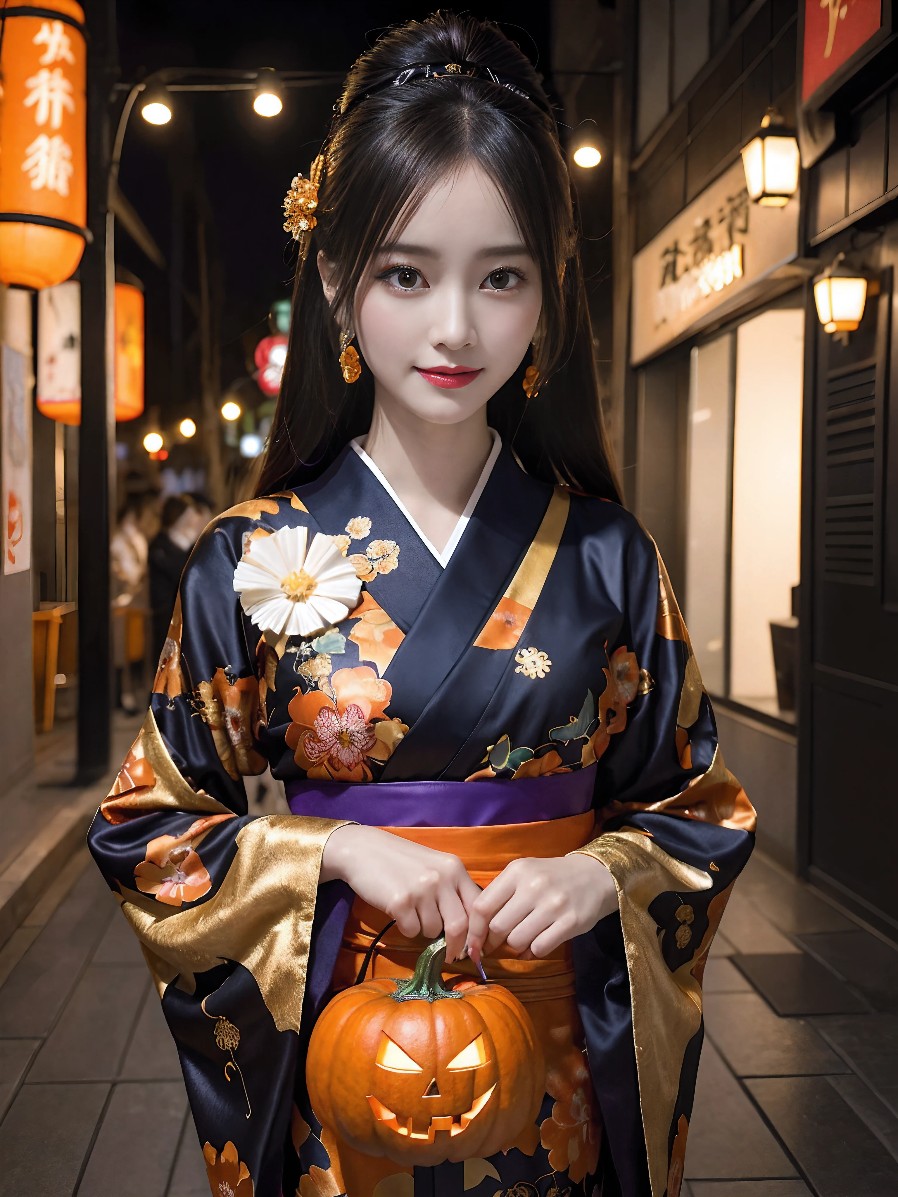 In a futuristic scene, Geisha in Japan with mechanical reinforcement、Elegant in elaborate gardens. She has beautifully detailed eyes and lips that complement her face. Geishas wear traditional kimonos with intricate patterns and designs. Night city and Halloween decorations around her. The scene is painted with a blend of illustration and photorealism, Ultra-detailed brush strokes and clarity, Vivid colors. Lighting emphasizes the elegant features of the geisha, Gives her porcelain skin a soft glow. Artwork is of the highest quality, 4K or 8K resolution, Showcase the intricate details of geisha attire, nightcity、Halloween. The overall color scheme is、It is a combination of traditional shades of Japan, Crimson, etc., blacks, and subtle gold accents, With a futuristic twist. The fusion of ancient traditions and modern technology is、Create captivating and visually striking masterpieces.Halloween、Halloween、pumpkins、Background Halloween、mischievous look、Evil face、Dubious smile