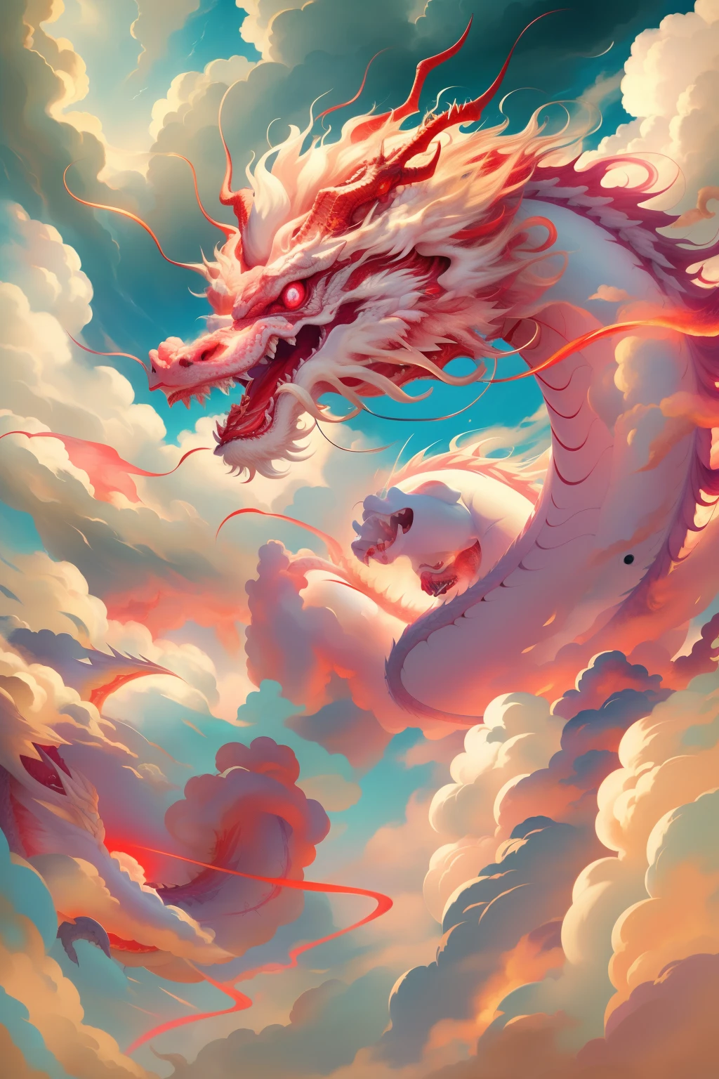 Best Quality,Masterpiece,extra high resolution, (Long:1.2),NOhumans, Cloud,  red eyes, (Sound signals of lighting), open mouth, skye, fangs, eastern dragon, cloudy sky, teeth, flying in the sky, Sateen,