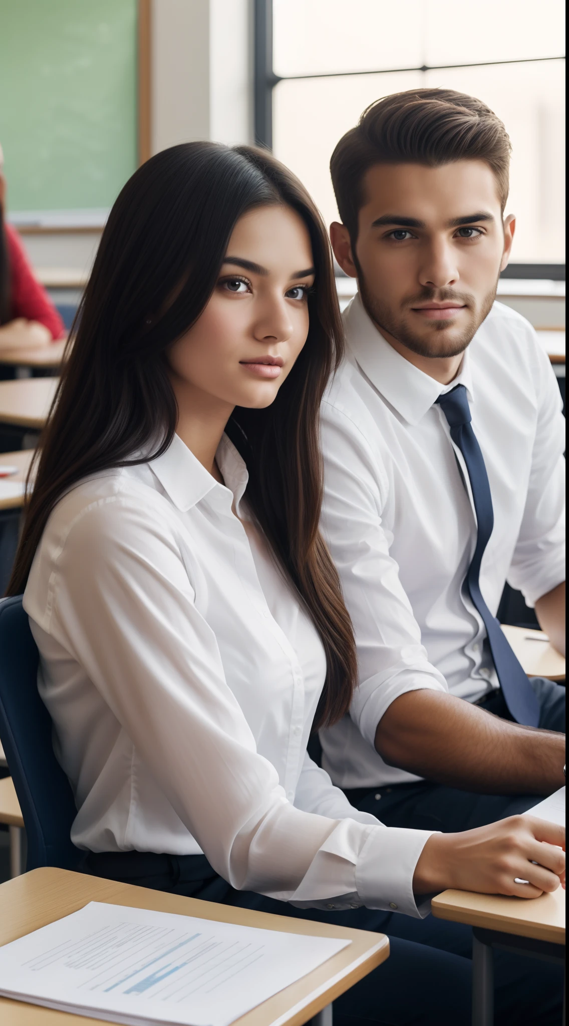 there are many men and women sitting at desks in a classroom, student, at college, in a classroom, college students, candid picture, sitting in class, competition winning, very very high quality picture, taken with the best dlsr camera, serious focussed look, very clear picture, sitting in the classroom, trying to study, well focused, looking at camera!!!, thought provoking, ultra realistic face, hyperrealistic, hyperdetailed, masterpiece, photorealistic, beautiful face, pretty face mesh, ultra detailed face, detailed eyes, detailed lips, high quality picture, ultra detailed background, handsome man, cute women sitting position, college uniform, white shirt, selfie pic a man with a beautiful woman, beautiful women sitting with handsome man, ultra realistic face of women, women wearing a white shirt.