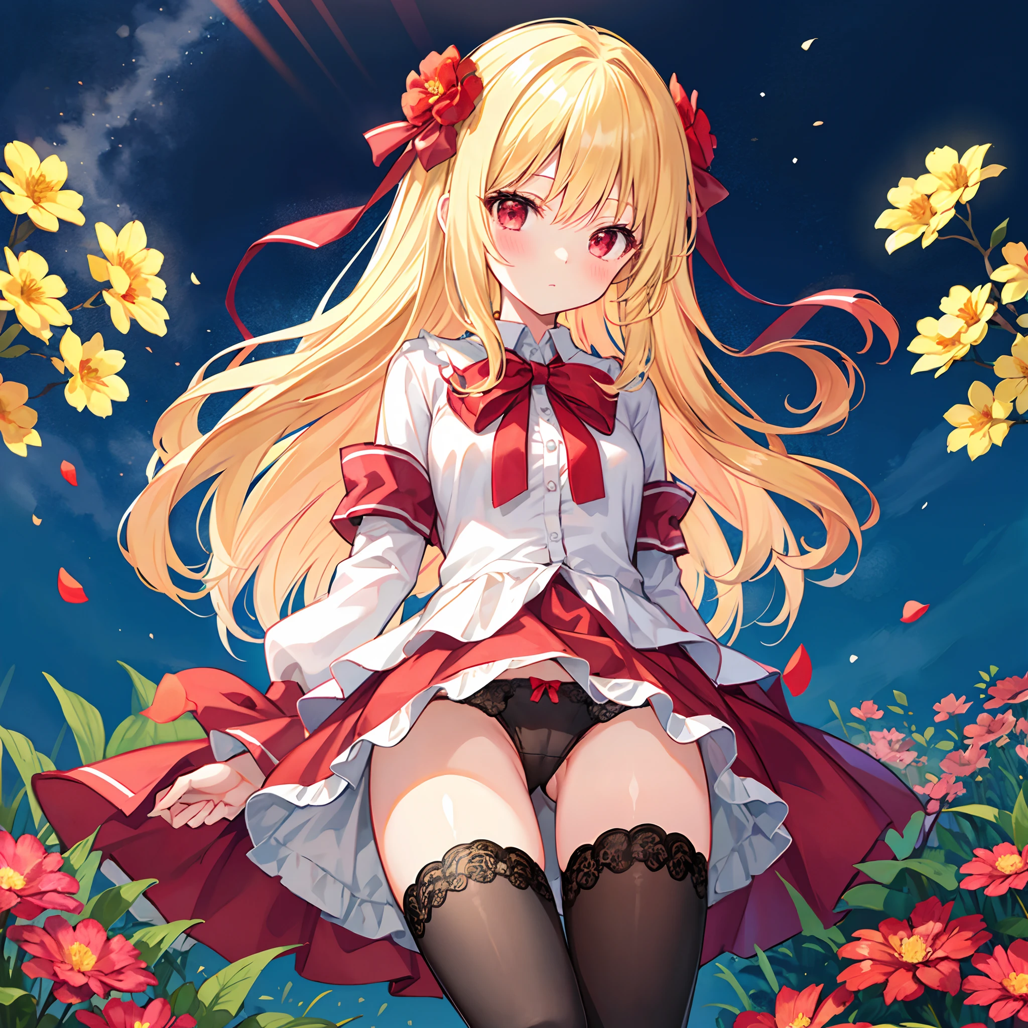 Wavy blonde、bow ribbon、red eyes、Beautiful girl alone、red blush、Fluffy clothes、a miniskirt、Black tights、flower field、panties on