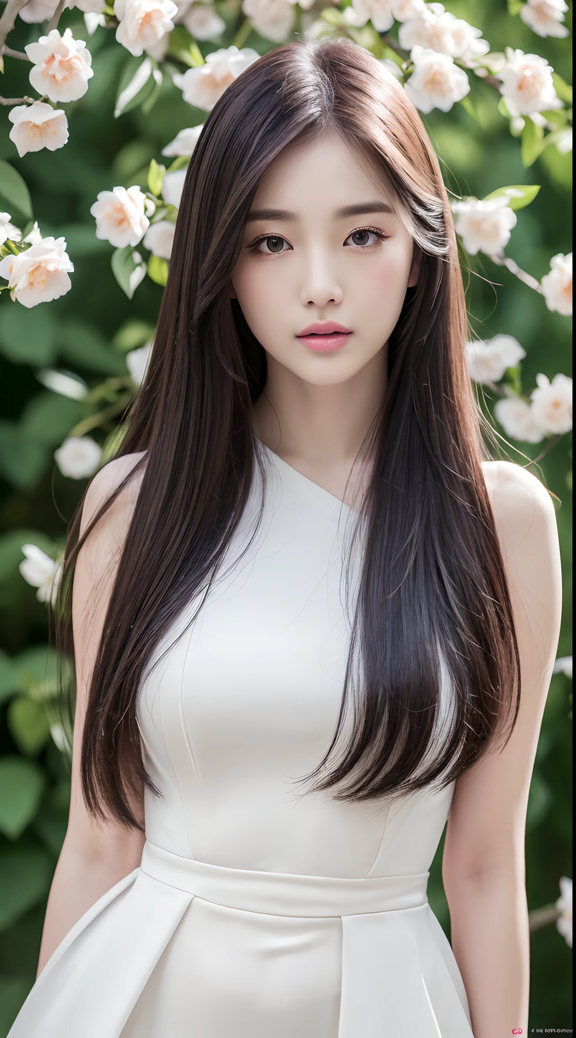 8K super resolution、Beautiful woman、one woman、black hair:1.1、highly detailed face、detailed lips、important、（eyes are in focus）、double eyelid、Eyes of the Princess、 beautiful japanese woman、beautiful japanese girl、 sensual lip、bewitching body、Bust Size 82、8 life size、Standing facing the front with a good balance between the left and right sides、20&#39;s、（20-year-old）、perspective、cute smile, Wearing a one-piece silk dress with a thin lace pattern、Hair fluttering in the wind、important（Detailed number and shape of hands）、clear image、detailed eye sparkles、Super realistic and detailed background with light shining into the forest from diagonally to the left and behind.、color々hairstyle、I can see your chest