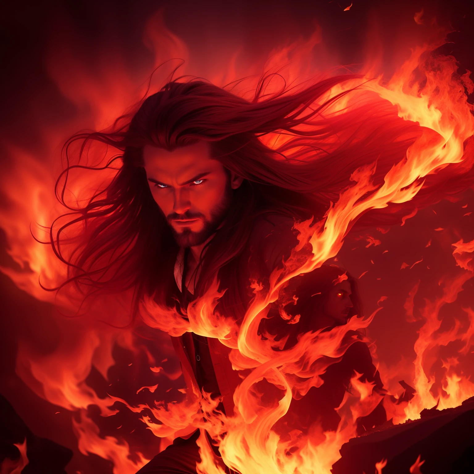 Close-up of a man with long hair against a background of fire, The fire behind him, engulfed in swirling flames, fire demon, Hair from the fire, Engulfed in flames, Crowned with flames, hellfire background, holy flame spell, consisting entirely of fire, Fire Mage, Long fiery hair, Fire spell, He has fiery eyes, fire elemental, RAGE UNLEASEHD, UNLEASHED CHAOS