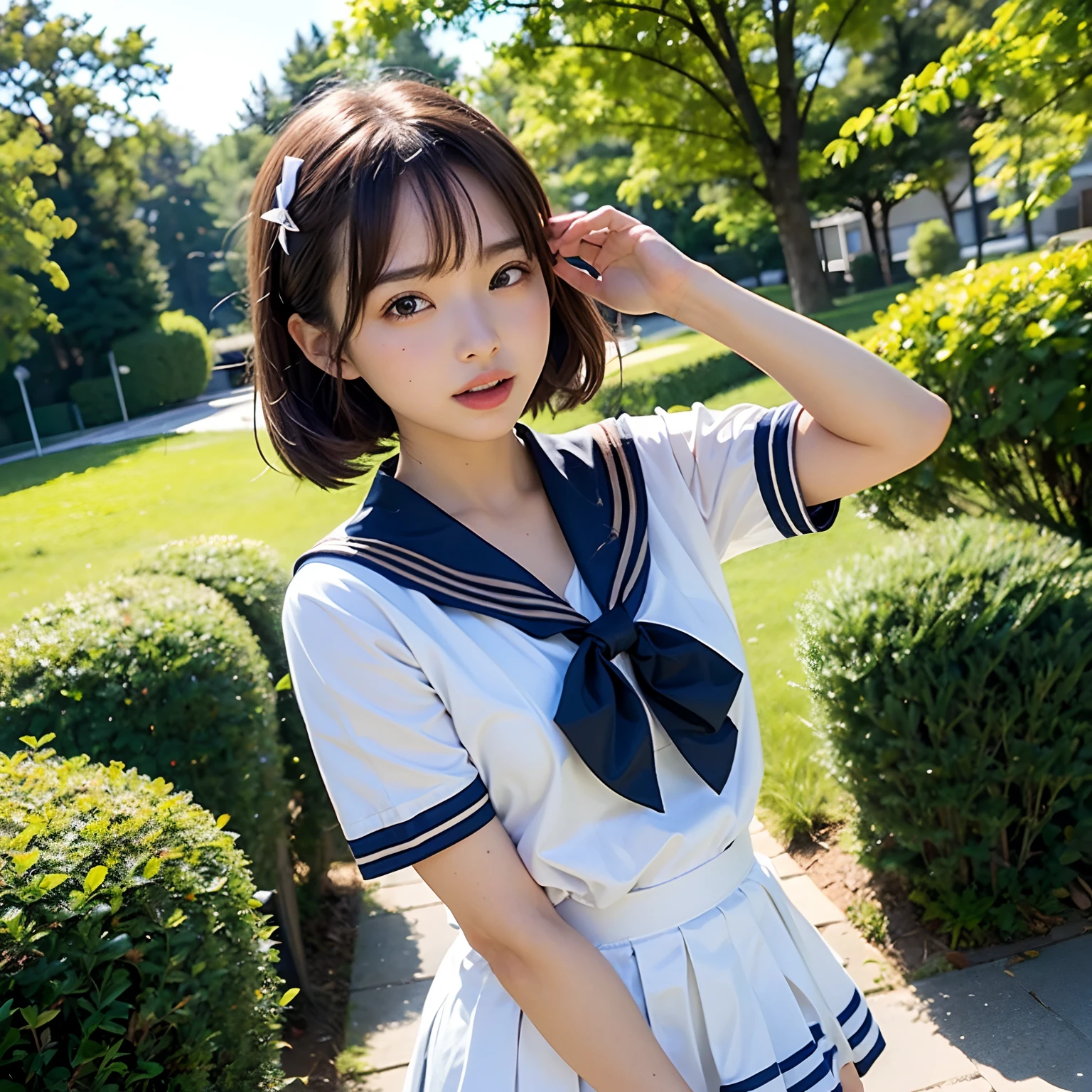 (masterpiece,Highest quality,Ultra-high resolution),Japanese women, so beautiful, Innocent Girl、10 years old,(Perfect limbs、Perfect Anatomy),(Bob Hair,ponytail,hair band).Cute Sailor Uniform、Short-sleeved sailor uniform、Super short skirt in navy blue、pure white、Glowing Beautiful Skin、Watery eye、Shiny brown hair、The colors and landscapes of youth、Feelings of love