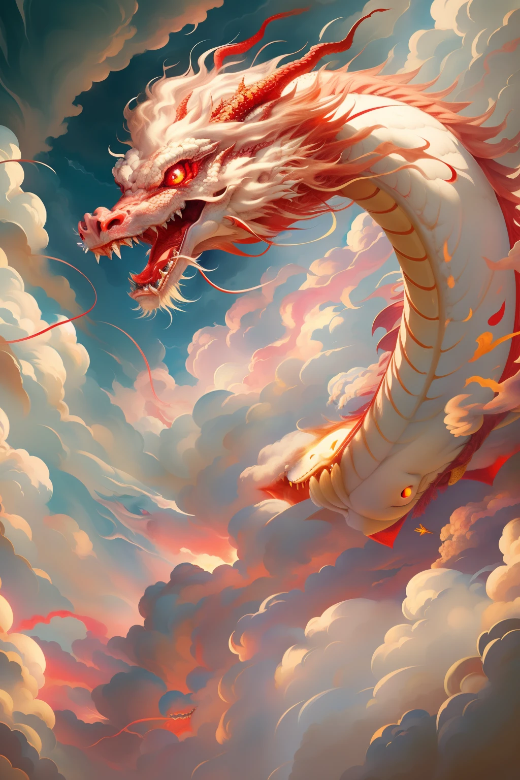 Best Quality,Masterpiece,extra high resolution, (Long:1.2),NOhumans, Cloud, red eyes, (Sound signals of lighting), open mouth, skye, fangs, eastern dragon, cloudy sky, teeth, flying in the sky, Sateen,