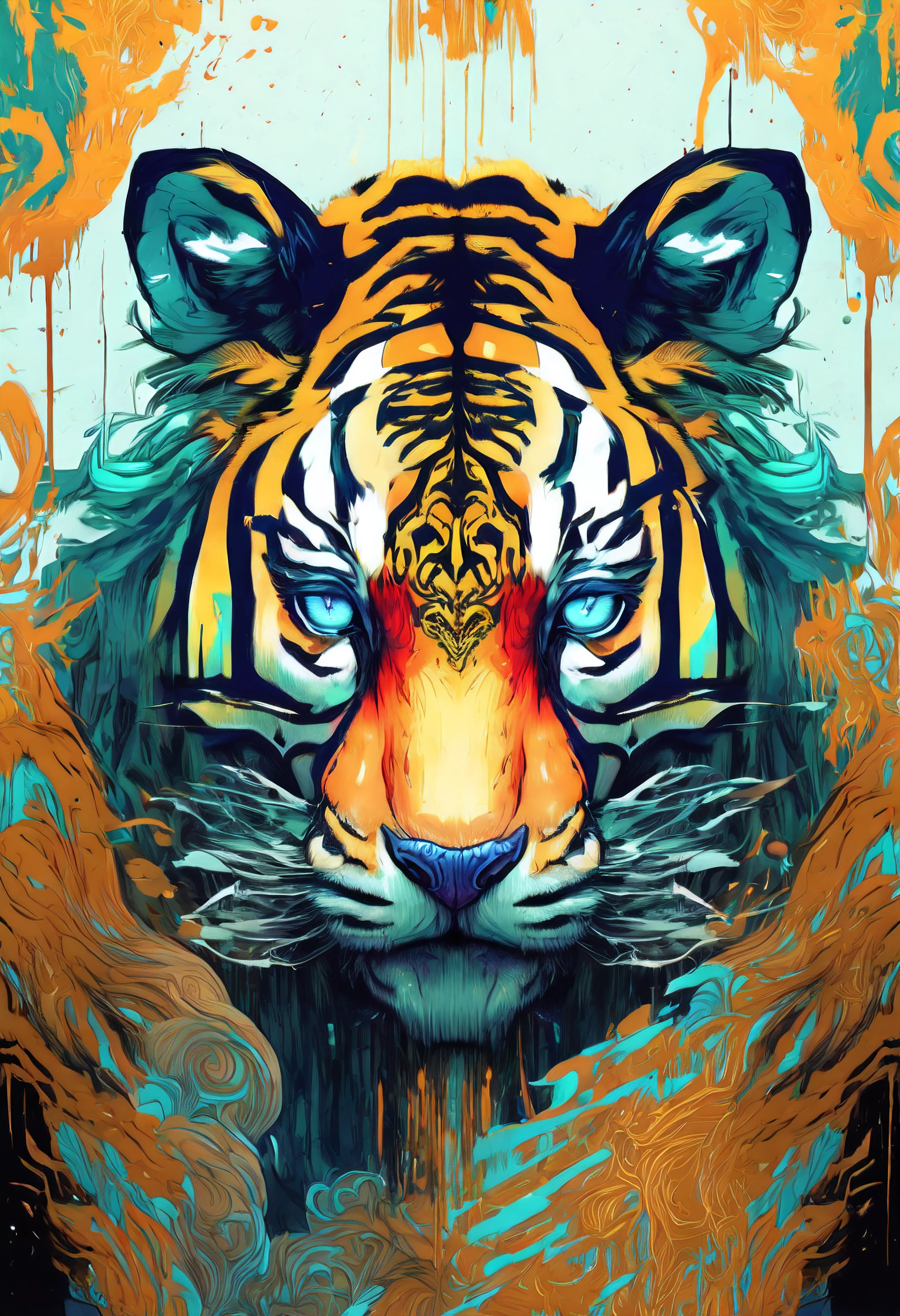 A mesmerizing fusion of the Tiger zodiac and the mysterious Scorpio sign. Calm yet fierce, her abstract form embodies the duality of these two powerful influences. Utilizing vibrant colors, intricate patterns, and fluid brushstrokes, create an otherworldly digital painting that captures the essence of her enigmatic presence.