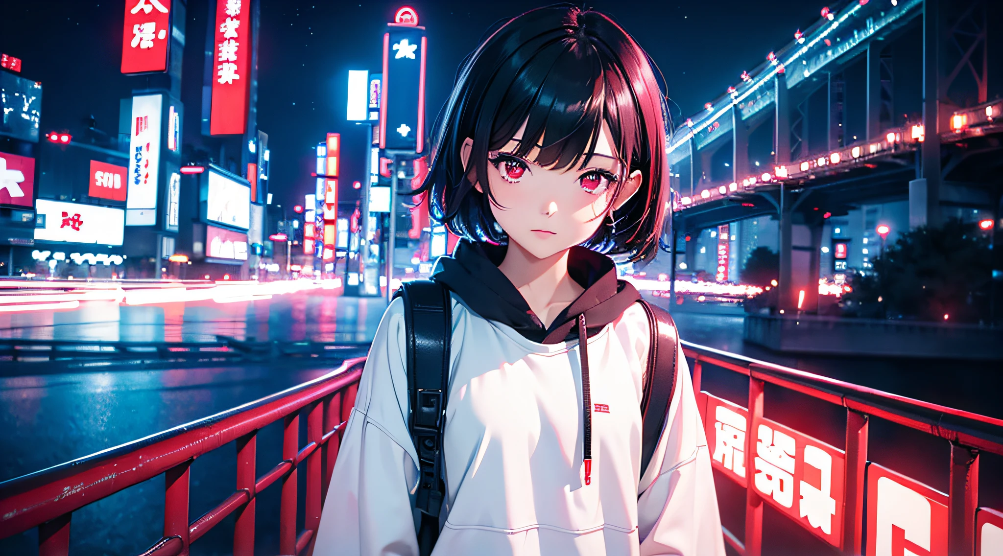 1girl, short hair, red eyes, streetwear, city, Tokyo, neon, lights, glow, colourful, night, starry sky, absurdres, high res, ultrasharp, 8k, masterpiece