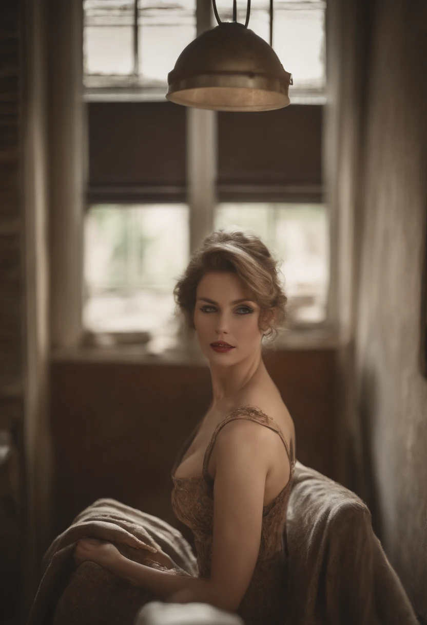 (best quality,4k,highres,realistic:1.2),ultra-detailed, masterpiece, centerfold, dirty and dusty house,beautiful detailed eyes,beautiful detailed lips, japanese , flirty 50-year-old curvy and showing big breasts, Great cleavage, busty, arms folded ,long eyelashes , sorric:1.1, sexy , dressed only old cotton slim and short torn apron,NO other dresses, posing in front,dirty surroundings,cleaning lady, front photographed, cinematic light