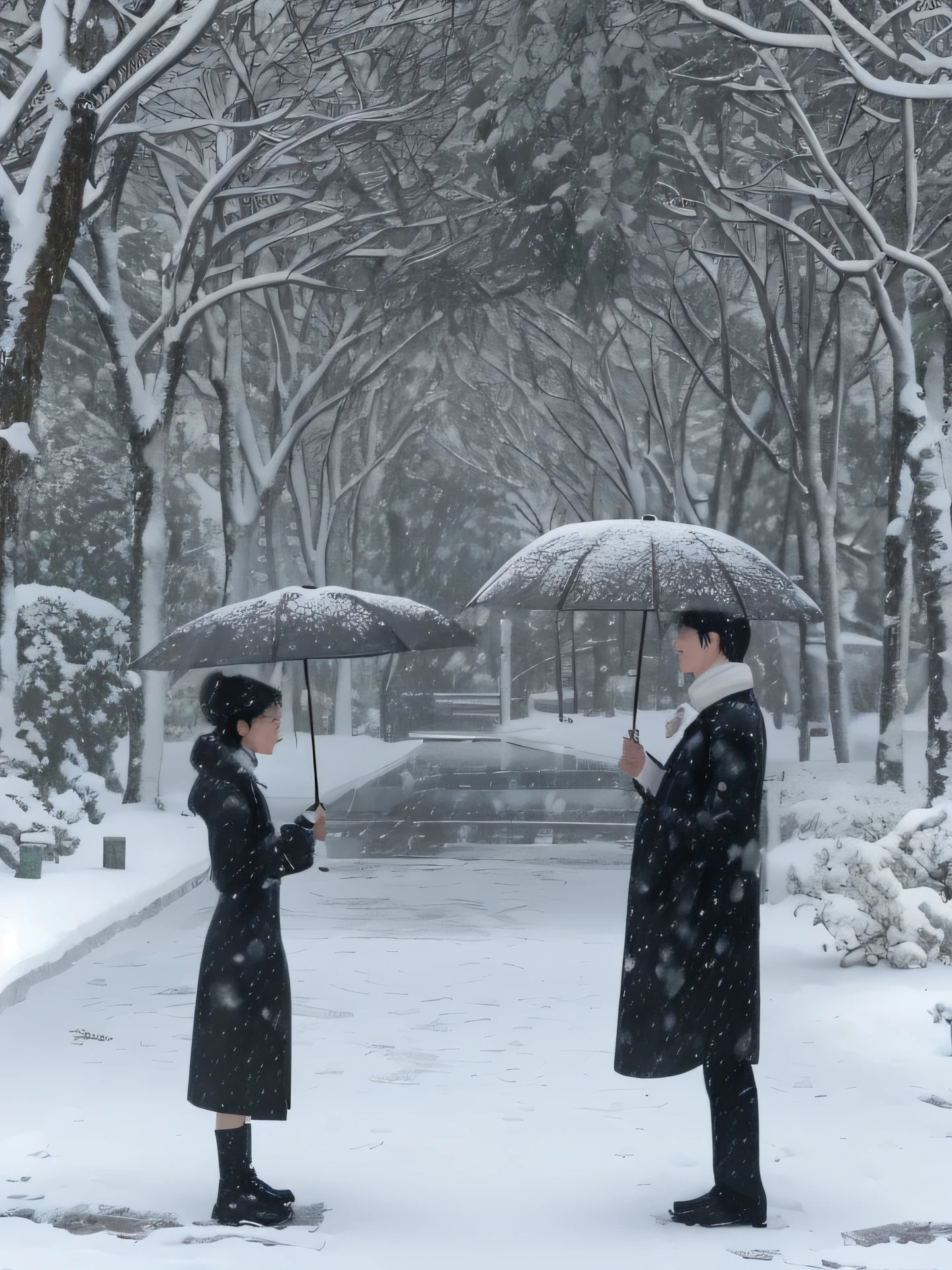 Two people stood in the snow with umbrellas, during snowfall, snowfall, snowfall, nevando, snowy day, Standing in the snow, [ Realistic photo ]!!, In the snow, shot with canon eoa 6 d mark ii, still from live action movie, Still from the movie, in snow, people with umbrellas