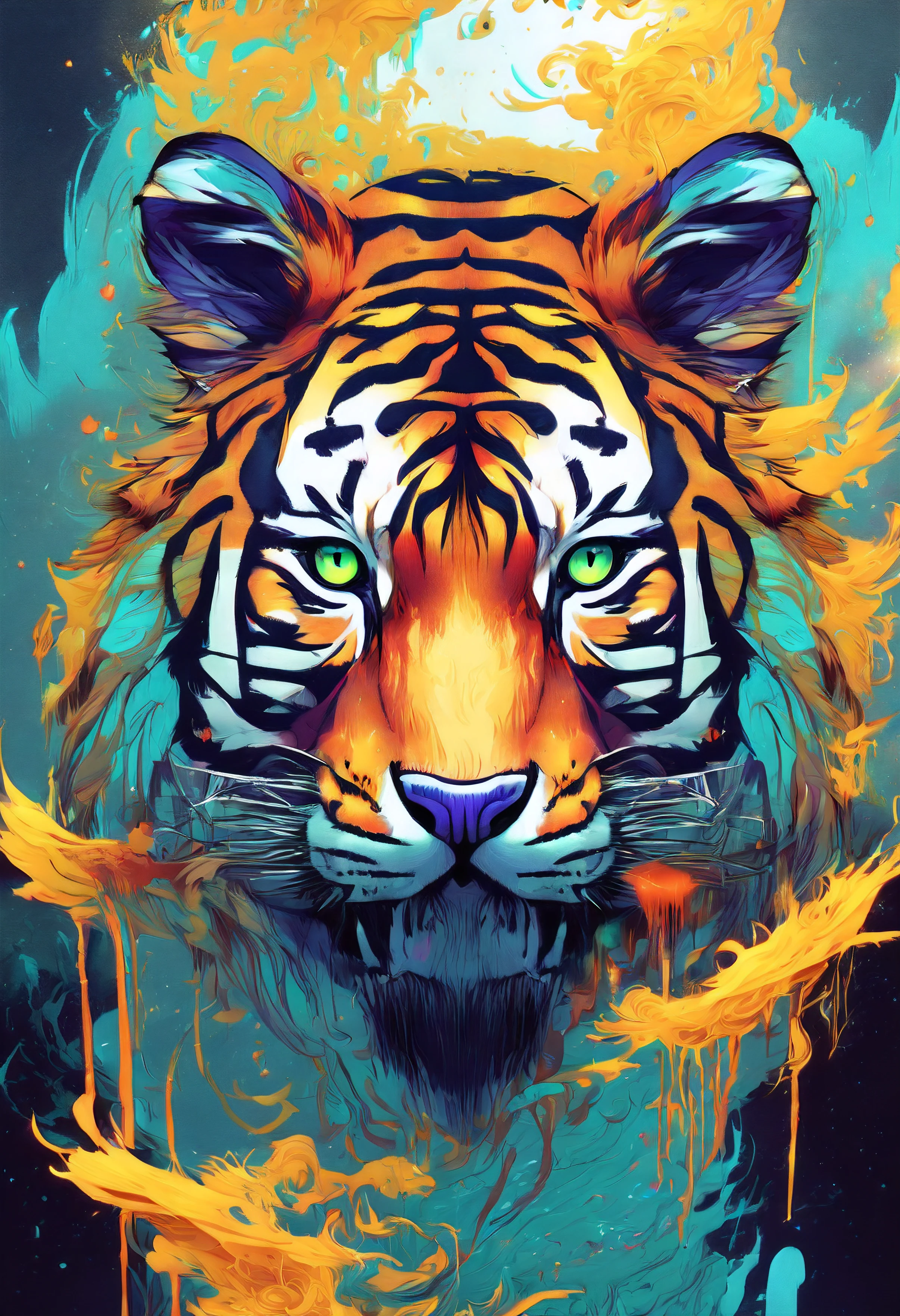 A mesmerizing fusion of the Tiger zodiac and the mysterious Scorpio sign. Calm yet fierce, her abstract form embodies the duality of these two powerful influences. Utilizing vibrant colors, intricate patterns, and fluid brushstrokes, create an otherworldly digital painting that captures the essence of her enigmatic presence.