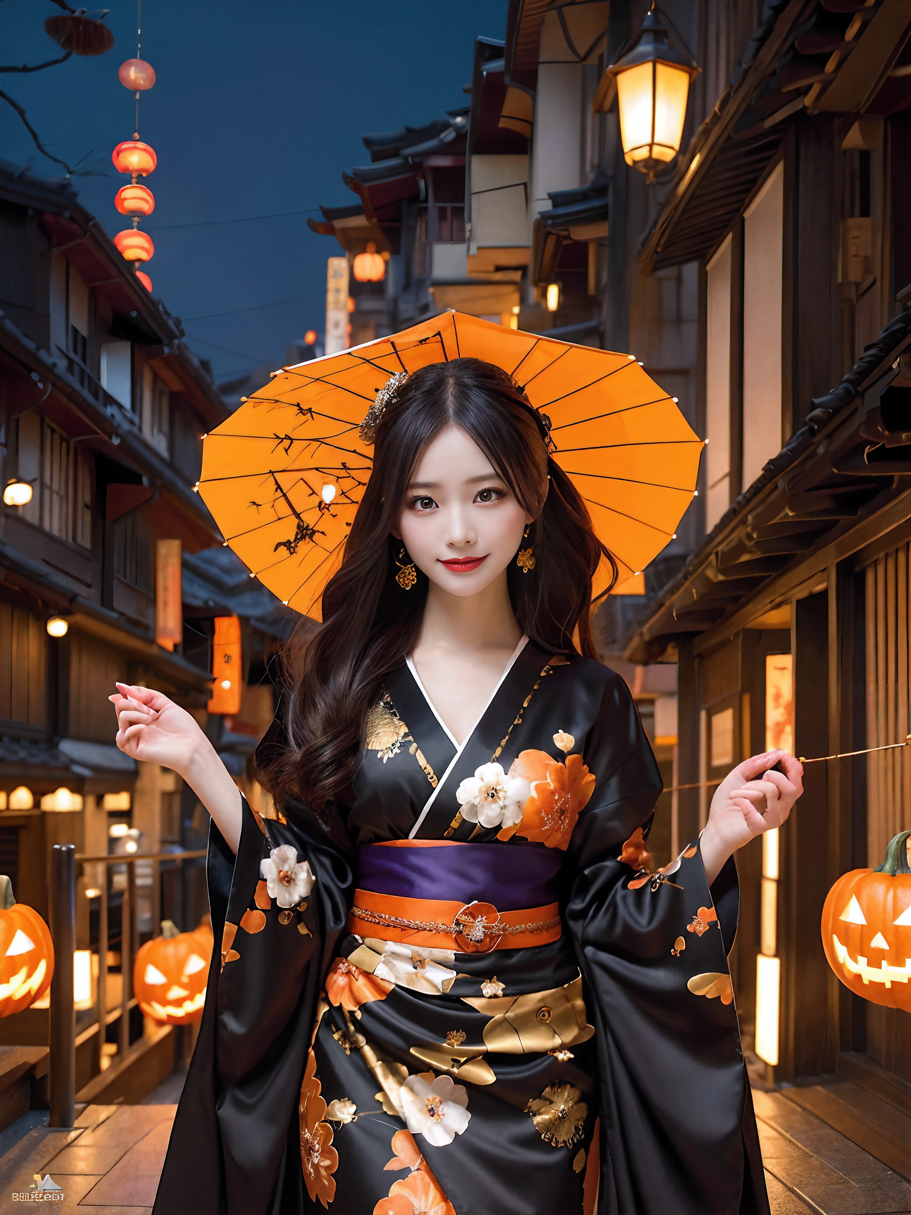In a futuristic scene, Geisha in Japan with mechanical reinforcement、Elegant in elaborate gardens. She has beautifully detailed eyes and lips that complement her face. Geishas wear traditional kimonos with intricate patterns and designs. Night city and Halloween decorations around her. The scene is painted with a blend of illustration and photorealism, Ultra-detailed brush strokes and clarity, Vivid colors. Lighting emphasizes the elegant features of the geisha, Gives her porcelain skin a soft glow. Artwork is of the highest quality, 4K or 8K resolution, Showcase the intricate details of geisha attire, nightcity、Halloween. The overall color scheme is、It is a combination of traditional shades of Japan, Crimson, etc., blacks, and subtle gold accents, With a futuristic twist. The fusion of ancient traditions and modern technology is、Create captivating and visually striking masterpieces.Halloween、Halloween、pumpkins、Background Halloween、mischievous look、Evil face、Dubious smile