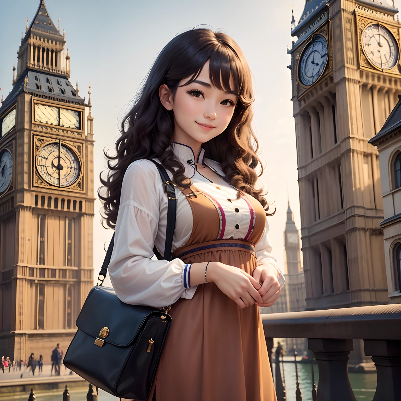 A brown, curly-haired Italian-Chinese girl smiles confidently in front of Big Ben