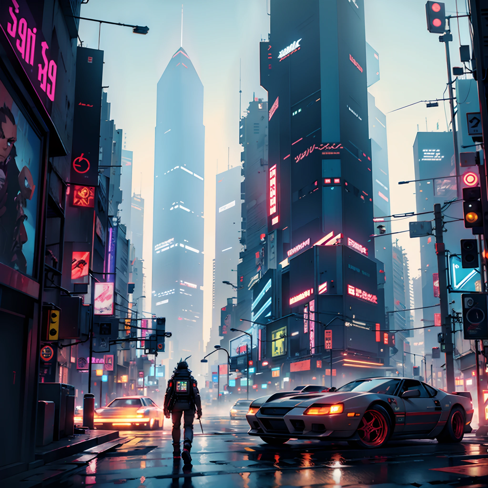 Gambito cyberpunk, futurista, technological, cidade destruida