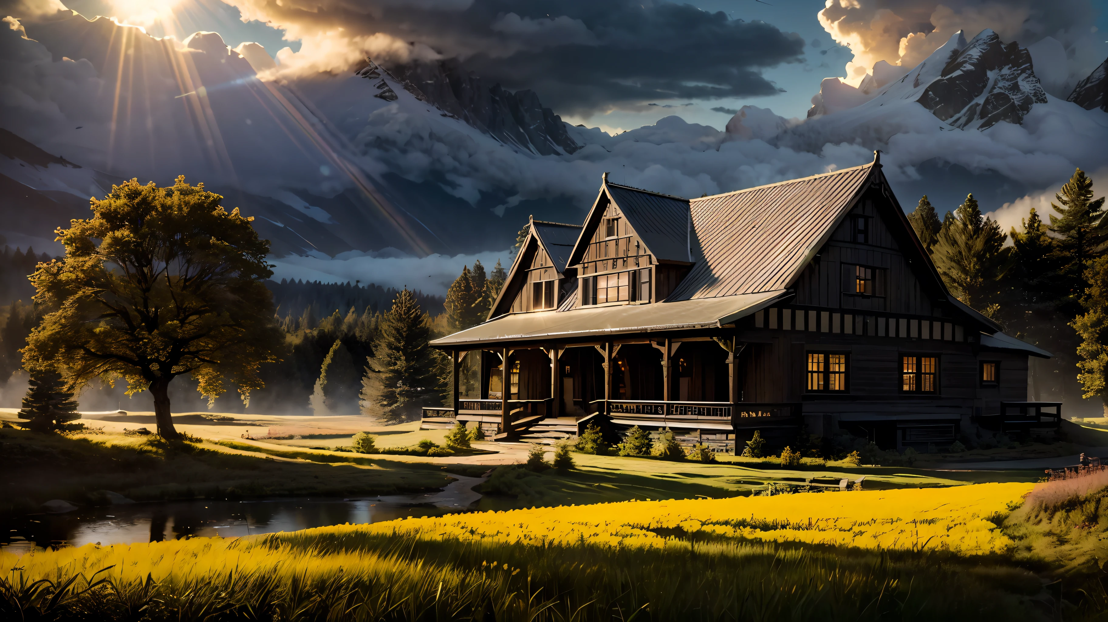 (realistic:1.3), finely detailed, quality, lighting rembrandt, (masterpiece:1.2), (photorealistic:1.2), (best quality), (intricate details), dramatic, ray tracing, (meadow, sun, clouds, field, agriculture, starlight, hiking trail) old house in a forest