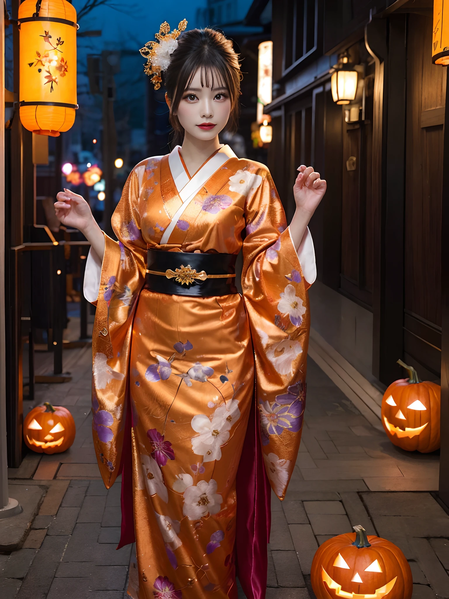 In a futuristic scene, Geisha in Japan with mechanical reinforcement、Elegant in elaborate gardens. She has beautifully detailed eyes and lips that complement her face. Geishas wear traditional kimonos with intricate patterns and designs. Night city and Halloween decorations around her. The scene is painted with a blend of illustration and photorealism, Ultra-detailed brush strokes and clarity, Vivid colors. Lighting emphasizes the elegant features of the geisha, Gives her porcelain skin a soft glow. Artwork is of the highest quality, 4K or 8K resolution, Showcase the intricate details of geisha attire, nightcity、Halloween. The overall color scheme is、It is a combination of traditional shades of Japan, Crimson, etc., blacks, and subtle gold accents, With a futuristic twist. The fusion of ancient traditions and modern technology is、Create captivating and visually striking masterpieces.Halloween、Halloween、pumpkins、Background Halloween、Natural fingers、5 fingers、Natural fingers、natural hand