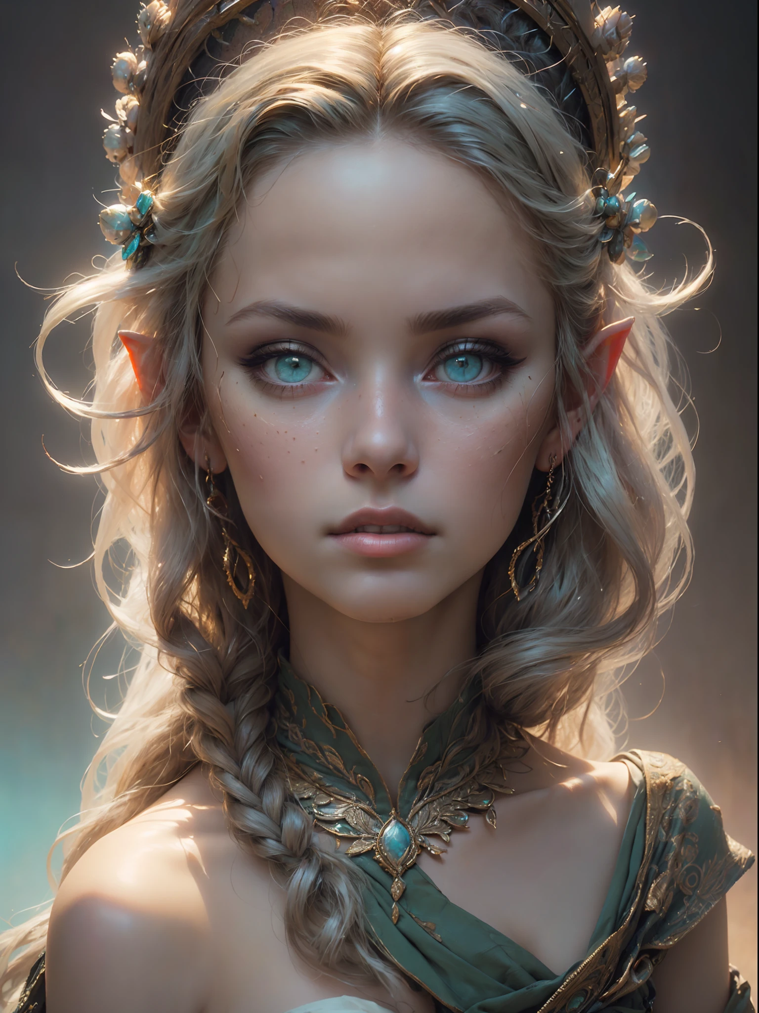 A stunning (three quarters view editorial portrait )of an elf Queen wearing  elaborate bejewelled headdress, (( long flowing green hair flying, bright pale blue eyes)), beautiful pale makeup, color portrait, striking blue eyes, pastel blue eyes, cleavage, large breasts, gold dust spread across the skin and face, (dark, hyper-realistic photos (((HDR+)))), 8k, soft cinematic light, Adobe Lightroom, Photolab, HDR, intricate, elegant, highly detailed, sharp focus, ((((((cinematic appearance)))), soft tones, insane details, intricate details, hyperdetailed, low contrast, soft cinematic light, faint colors, exposure mix, faded, slate atmosphere.