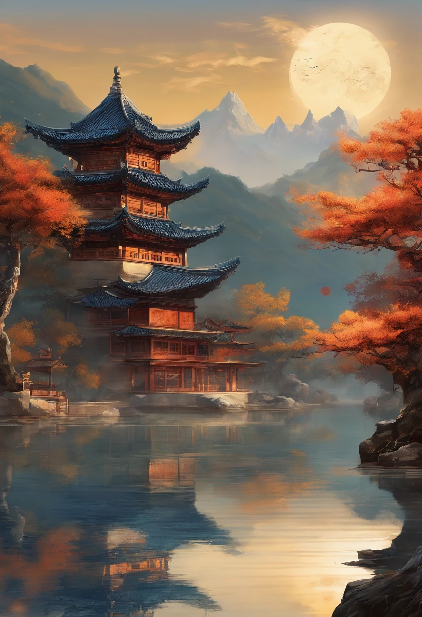 An ancient Chinese painting, ancient Chinese background, mountains, rivers, auspicious clouds, pavilions, sunshine, masterpieces, super detail, epic composition, ultra HD, high quality, extremely detailed, official art, unified 8k wallpaper, Super detail, 32k -- v 6