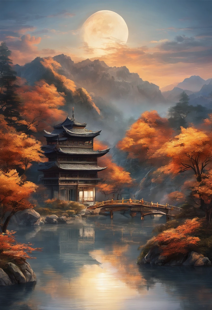(best quality,8k,highres,masterpiece:1.2),ultra-detailed,HDR,UHD,extremely detailed,major key,traditional art style,ancient Chinese landscape,portraying mountains and rivers,elegant pavilions and towers,majestic moonlit night,celestial clouds,impeccable composition,endless attention to detail,mesmerizing brushstrokes,fine ink and wash technique,vivid colors,evoking a sense of tranquility,harmonious balance,serene atmosphere,Autumn Moon over the Calm Lake painting style,studio lighting,realistic depiction,official artwork.