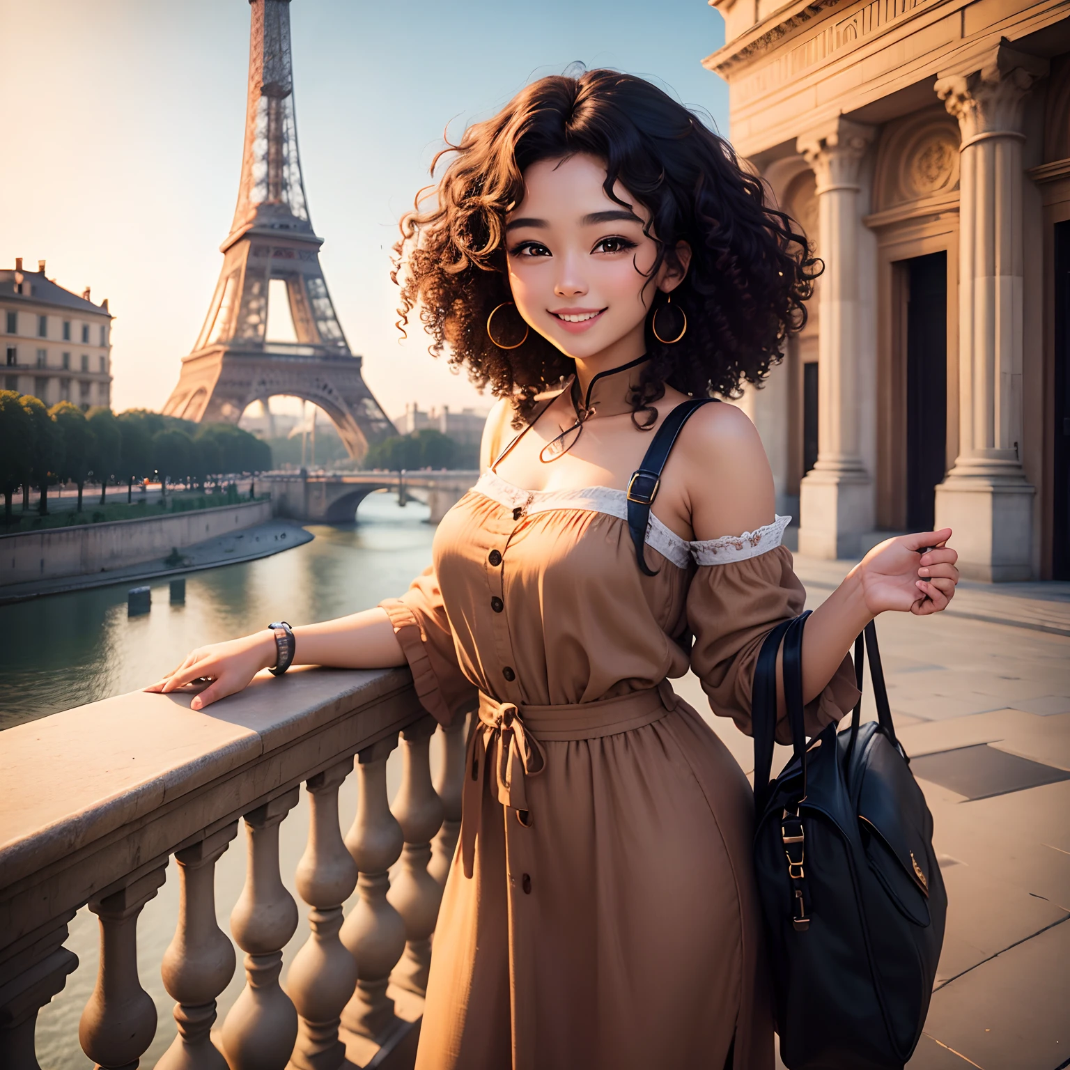 An Italian Chinese brown curly haired girl smiles confidently in front of the Eiffel Tower