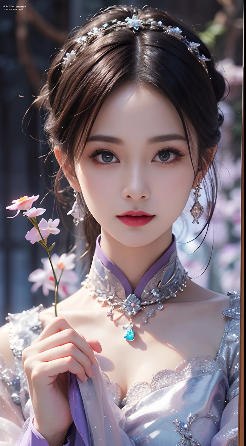1 beautiful girl in Han costume, thin purple silk shirt with white color with many textures, white lace top, long platinum purple ponytail, Hair Jewelry, ear jewelry, light purple rabbit ears, necklace and necklace, meticulously drawn large purple eyes, meticulous makeup, Thin eyebrows, High Nose, lovely red lips, not smiling, pursed lips, rosy cheeks, wide breasts, Big breasts , well-proportioned bust, Slim waist, purple mesh socks, chinese hanfu style, fictitious art textures, vivid and realistic colors, RAW Photos, Realistic Photos, ultra high quality 8k surreal photos, (effective fantasy light effect: 1.8), 10x pixel, magical effect (Background): 1.8), ultradetailed eyes, girl body portrait, ancient hanfu background,