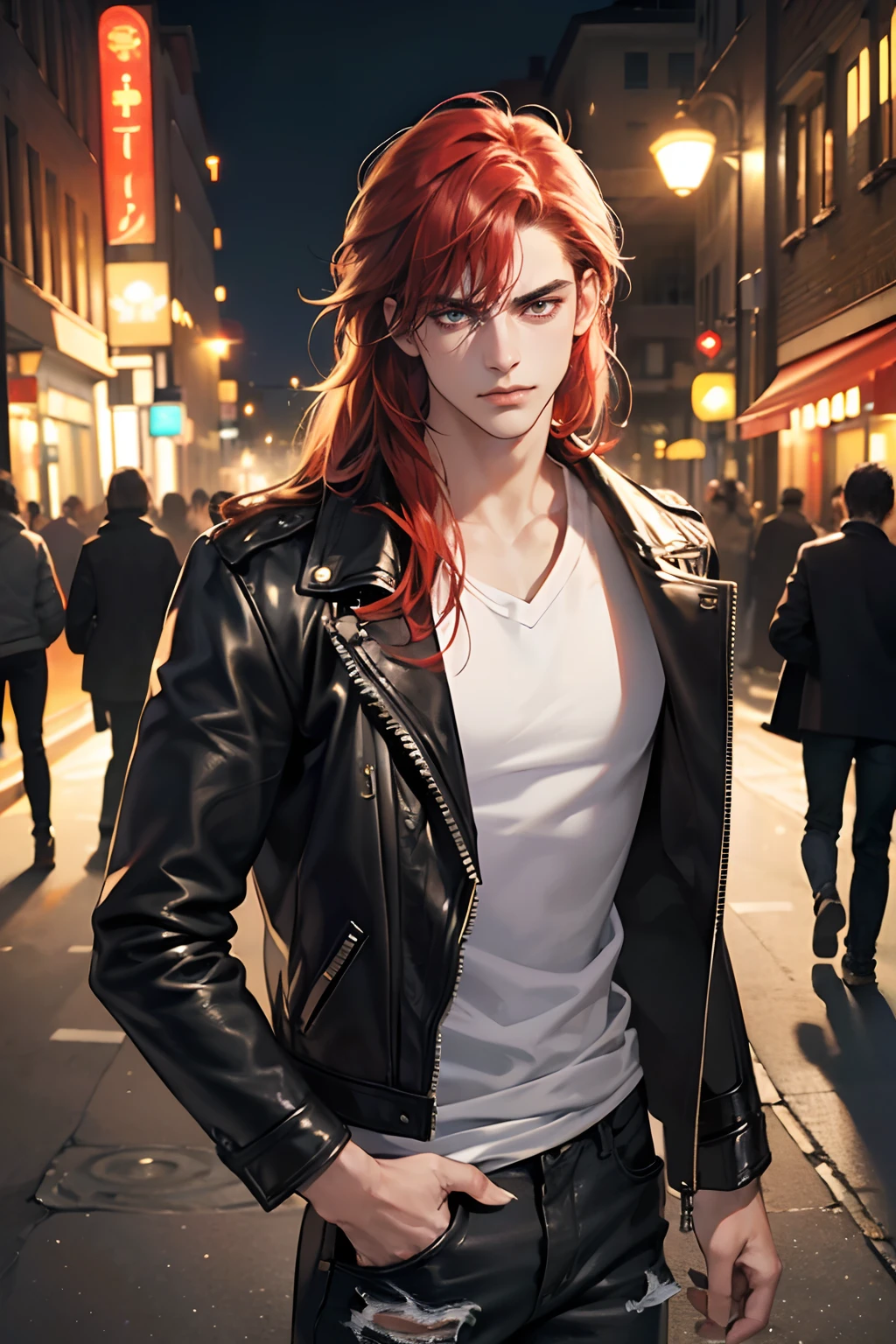 (tmasterpiece, high resolution, ultra - detailed:1.0), (1 boy, Young male, masculine face), Perfect male body, tall and strong, Adult male, Delicate eyes and delicate face, Extremely detailed CG, Unity 8k wallpaper, Complicated details, Detailed face, (red hair, long messy hair, eye looking to camera, serious faces, frown, black leather jacket, ripped jeans), (street style:1.2), Outdoor, (Street at night), color difference, Depth of field, dramatic shadow, Ray tracing, Best quality, Cinematic lighting, offcial art,Portrait