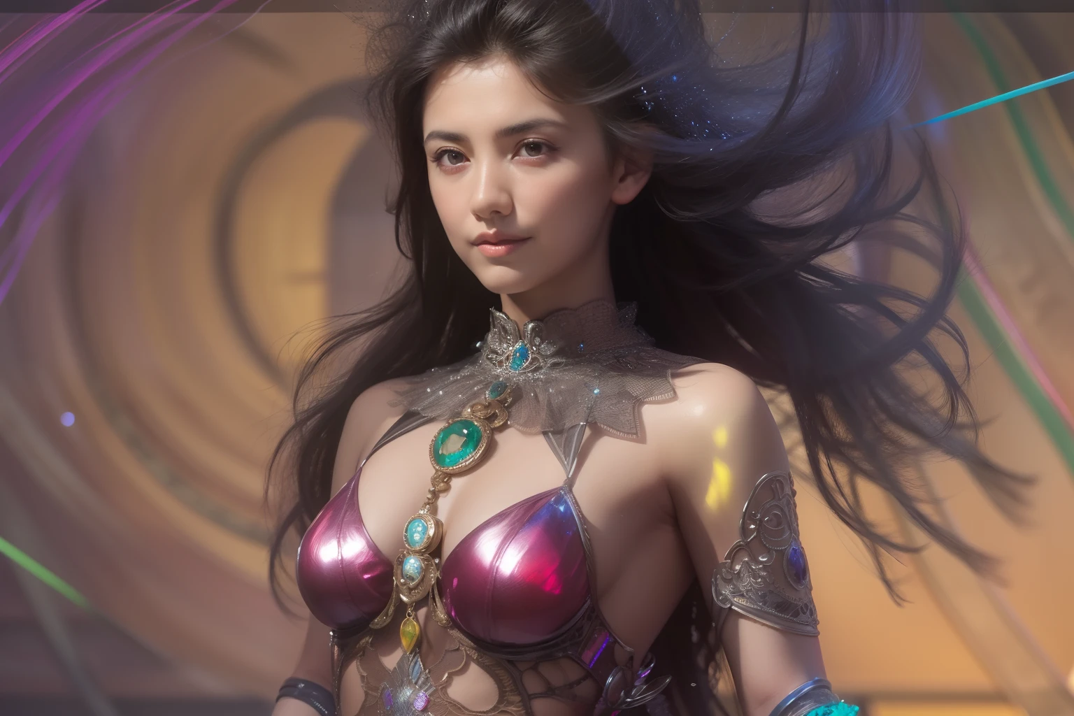 (Detailed iridescent bodysuit with beautiful fractal or marble design:1.5), (Beautiful and d delicate ruby, topaz, emerald and sapphire jewelry:1.6), Complex and colorful biomechanical bodysuit, Zentangle, mandalas, Entangled, Vulgarity, beutiful breast, (Open legs:1.4), obscenity, (Lewd smile:1.2), coarse, Obscene, mean, (raunchy:1.2), (Immoral:1.2), Lachish, (small breasts with raised areolas:1.6), (Cameltoe), (Expression of ecstasy:1.2), Photorealistic, Official art, Unity 8k wallpapr, 8K Portrait, Best Quality, Very high resolution, (Incredibly beautiful nature background:1.6), One girl, One beautiful teenage italian girl, (:1.3), (Sexy and glamorous:1.1), (A coquettish expression:1.6), (seductively smiling:1.2), (Full body), (erotic posing:1.5), (Magic Attack Pose:1.6),(magical effects like sparkles or energy:1.5), (Electric shock from hands:1.1), Beautiful seductive face, Portrait, (Thick eyebrows:1.2), (Big purple eyes:1.2), Beautiful eyes with fine symmetry, (Ultra detailed eyes:1.4), (High resolution eyes:1.1), Intimate face, (ultra detailed skin texture:1.4), White skin, pale skin, Perfect Anatomy, Thin, (Beautiful toned body:1.1), Hair Bow, (Moist skin:1.1), full of sweat, No makeup, dark circles, Good anatomy, Focus Face, good-looking, (Emilia Clark:0.6) (Emma watson:0.3),(Jennifer Connelly:0.4), (sensual face:1.5), Elegant face, Nice, Dolce, Cyberpunk Sci-Fi, (Gauntlets with intricate and beautiful designs:1.2), Blurred background, Blurred foreground, depth of fields, (Motion Blur:1.1), (Small breasts:1.2), Sheer breast, (beautiful boob:1.2), (NSFW:1.2), large hips, drivel, Juice stain, grabbing on breasts, (Slim and toned body:1.5), (Low-cut punk medieval armor:1.2), (Bright chrome gold lingerie with sharp reflections:1.2) (Pedras preciosas:1.2)