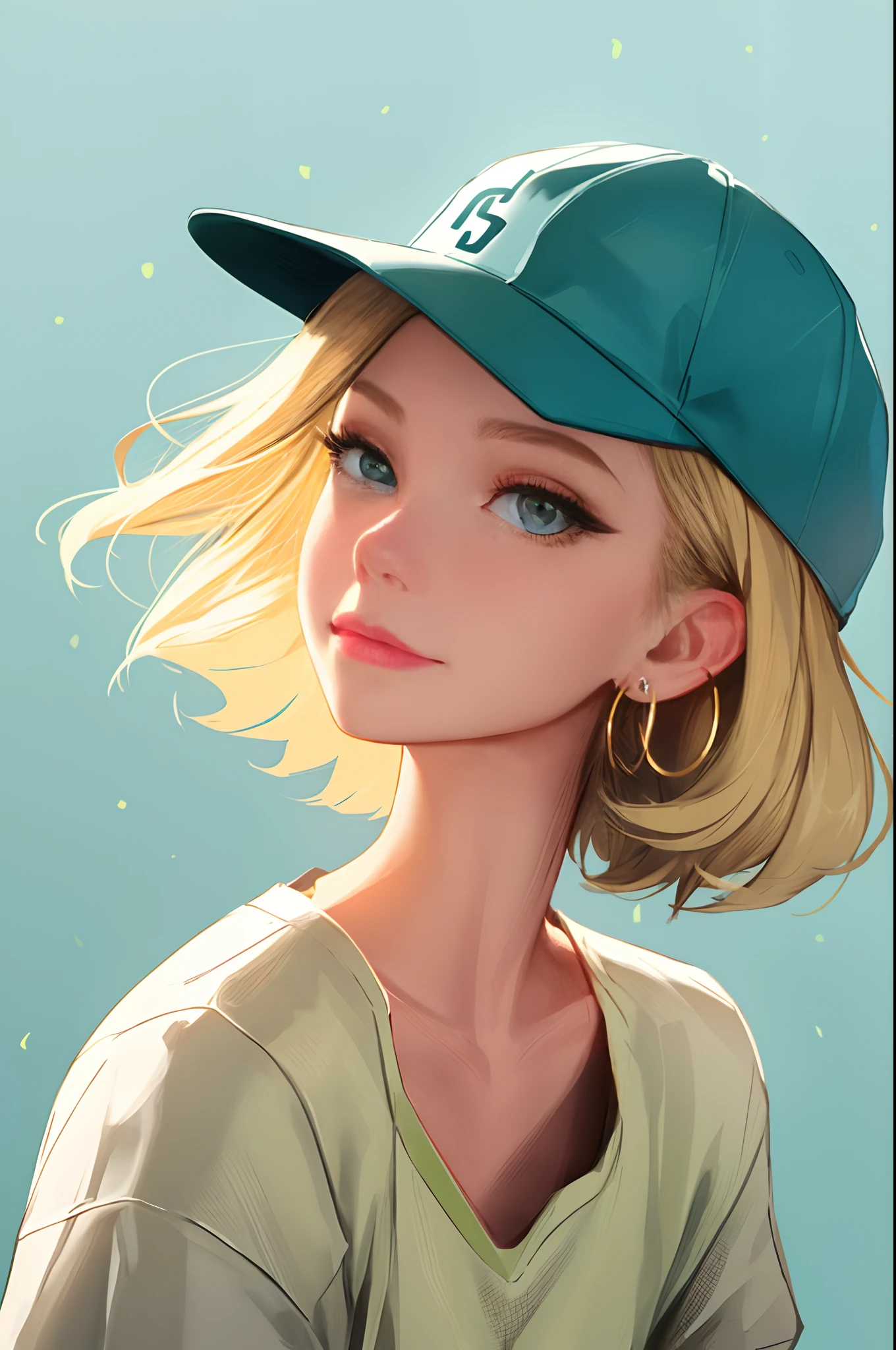 sam yang, masterpiece, best quality, 1girl, aqua eyes, baseball cap, blonde hair, closed mouth, earrings, green background, hat, hoop earrings, jewelry, looking at viewer, shirt, short hair, simple background, solo, upper body, yellow shirt,