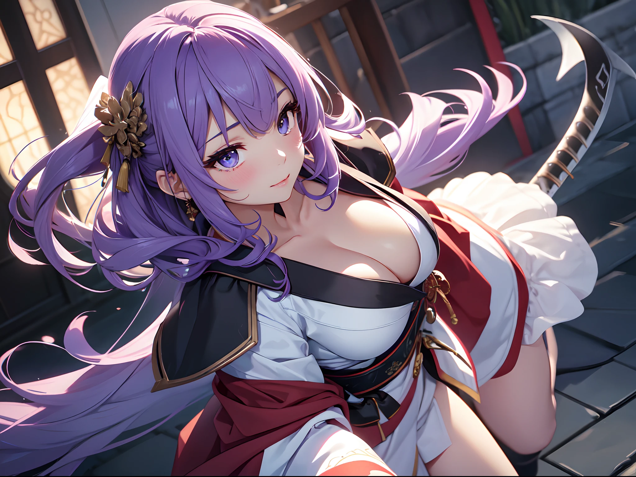 hightquality、ultra-detailliert、hight resolution、​masterpiece、depth of fields、extremely delicate and beautiful、finely detail、浅笑、red blush、de pele branca、Soft light、a beautiful detailed girl、detailed finger、extremely detailed eye and face、 beautiful detailed nose, beatiful detailed eyes, long eyeslashes, Facial light, Beautiful mouth、1 cute girl,  年轻, Mature face, The upper part of the body, Beautiful breasts, lifelike face, Realistic body,  Beautiful detailed legs、kawaii girl、1 girl in、Hakama Girls、Japanese Katana Sword、Iaikiri、Purple hair、poneyTail、Dark blue eyes、Straight face、Flames in the background、The upper part of the body、Angle from the side