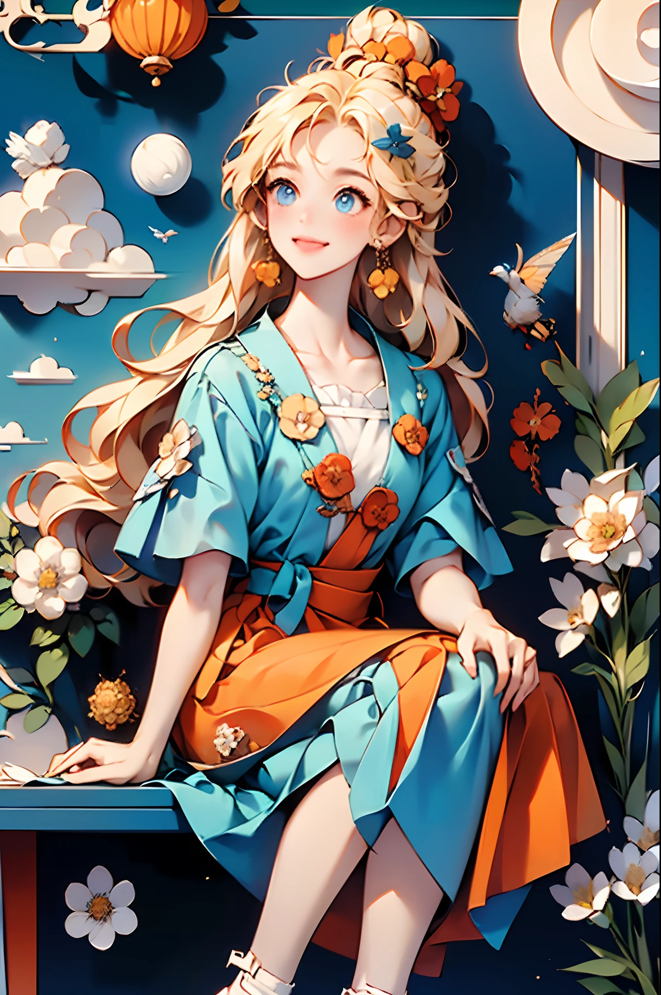 1girll, Outdoors, Solo, flower, Blue eyes, Long hair, view the viewer,Hat, Ocean, dress, Sitting, flor branca, sky, Bugs, hatflower, day, bangs, Butterfly, water, Long sleeves, Blue sky, Rock music, Cloud, Orange dress, Blonde hair, horizon, orange headwear, hair adornments, Closed mouth, Smile, hair flower, Short sleeves, Looks to the side, Bird, scenery, Mountainous horizon, red headgear,(paper cup),(Still life photography),(Surrealist dream style),(Iron chain), Mid-Autumn Festival, Moon, Moon Rabbit, Moon cake, traditional Chinese festivals