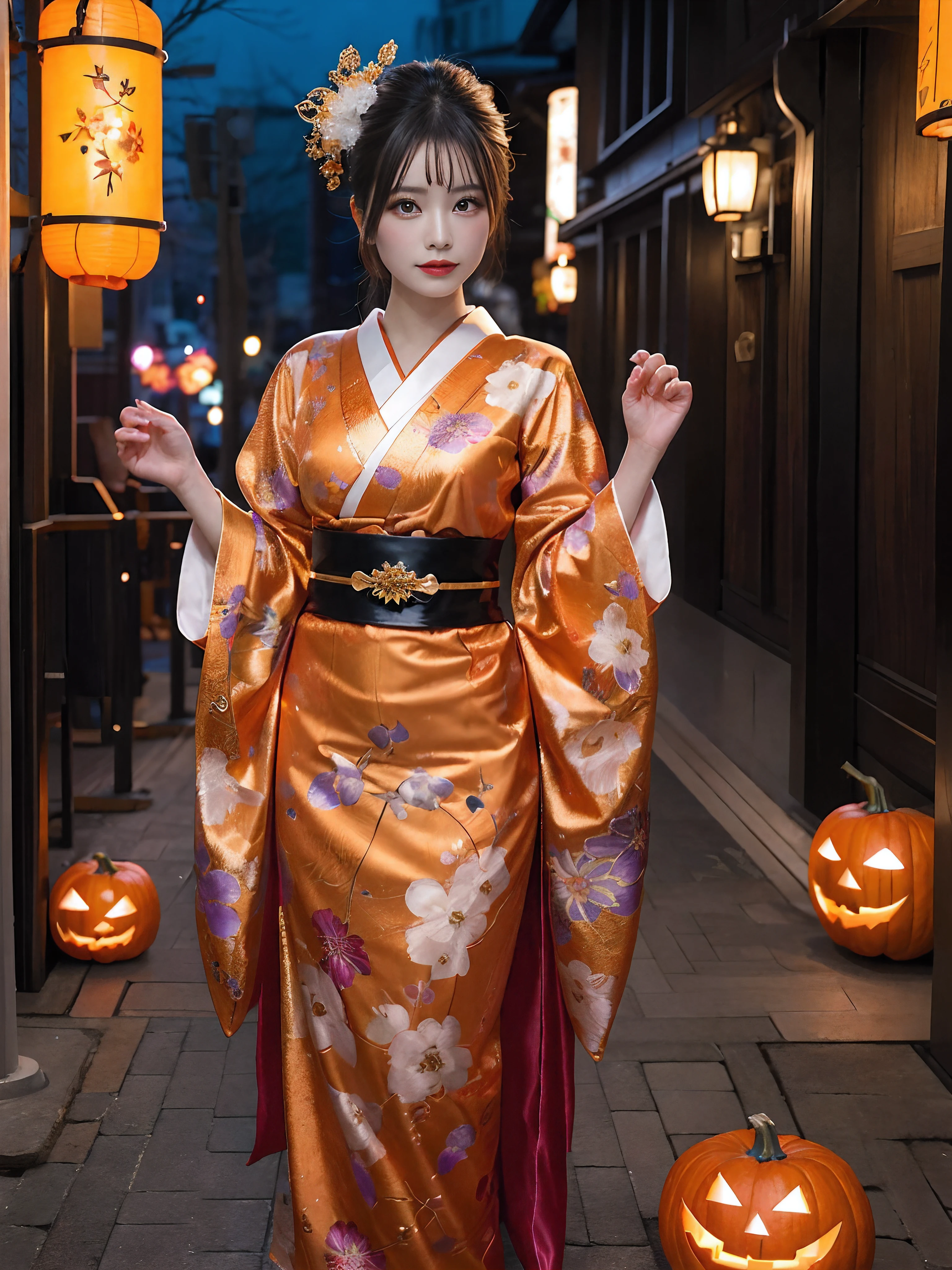 In a futuristic scene, Geisha in Japan with mechanical reinforcement、Elegant in elaborate gardens. She has beautifully detailed eyes and lips that complement her face. Geishas wear traditional kimonos with intricate patterns and designs. Night city and Halloween decorations around her. The scene is painted with a blend of illustration and photorealism, Ultra-detailed brush strokes and clarity, Vivid colors. Lighting emphasizes the elegant features of the geisha, Gives her porcelain skin a soft glow. Artwork is of the highest quality, 4K or 8K resolution, Showcase the intricate details of geisha attire, nightcity、Halloween. The overall color scheme is、It is a combination of traditional shades of Japan, Crimson, etc., blacks, and subtle gold accents, With a futuristic twist. The fusion of ancient traditions and modern technology is、Create captivating and visually striking masterpieces.Halloween、Halloween、pumpkins、Background Halloween、Natural fingers、5 fingers、Natural fingers、natural hand