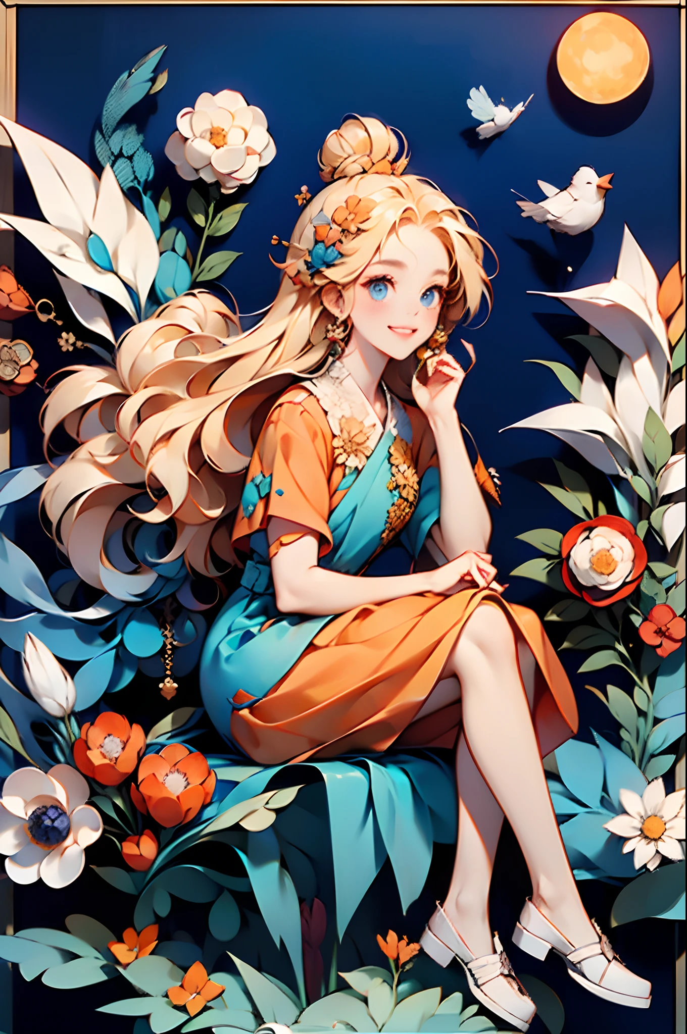 1girll, Outdoors, Solo, flower, Blue eyes, Long hair, view the viewer,Hat, Ocean, dress, Sitting, flor branca, sky, Bugs, hatflower, day, bangs, Butterfly, water, Long sleeves, Blue sky, Rock music, Cloud, Orange dress, Blonde hair, horizon, orange headwear, hair adornments, Closed mouth, Smile, hair flower, Short sleeves, Looks to the side, Bird, scenery, Mountainous horizon, red headgear,(paper cup),(Still life photography),(Surrealist dream style),(Iron chain), Mid-Autumn Festival, Moon, Moon Rabbit, Moon cake, traditional Chinese festivals