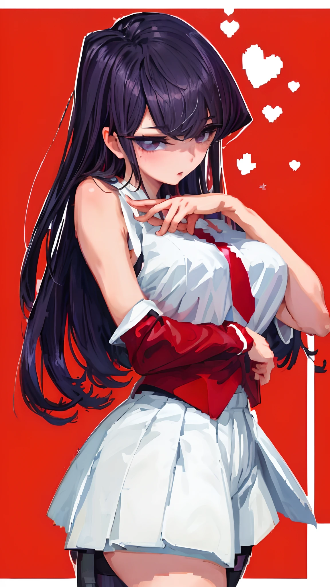 komi shouko,pixal style ,(A white border around a dark red rectangular background：2.5)​，Back view，cropped shoulders，C cup，Ultra shorts，black lence stockings，High detail,Moles under eyes, Heart-shaped pupils，Love pupils，Fleshy thighs,highly rendered，detailed face with