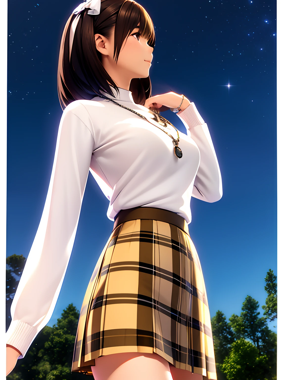 hight resolution,in 8K,Best Quality,detaileds,semi - realistic anime,Anime 3D Style,Smooth Anime CG,1 girl in,20 year old woman in Japan,slim,modeled,shiny chestnut hair,Medium Hair,Detailed face,Beautiful and detailed eyes,Glowing skin,((Large white sweater)),((Long skirt with brown plaid pattern)),a necklace,night sky full of stars,fullmoon,tall grass,Autumn steppe,Woman looking up at the sky,Angle from the side
