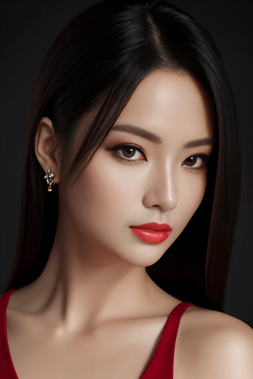 top-quality, masterpiece, 超A high resolution, Photorealsitic, Raw foto, ((one beautiful women)), 22year old, Detailed face, beautidful eyes, (See the viewer's eyes)、hyper realisitic、Smooth lighting、Improved cinematic lighting quality、8K、Realistic lighting、Back lighting、Facial Lights、Ray tracing、Realistic textured skin of the highest quality、fine detailed eyes、A detailed face、Fine quality eye、enhance the atmosphere of body line、Increase the beauty of skin texture、Seductive bust、Sexy eyes、Red dress、queen、Black hair、straight haired、((Full body))、((sexy pose))、((Inviting Poses))