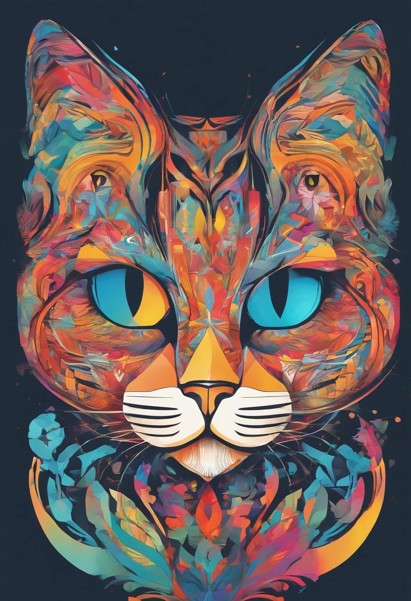 Colorful Logo,Colorful cat head minimalist vector art logo illustration, Frontal, Magic, Crisp design, suave, monochrome color, Dark Magic Colorful Splash Painting, tshirt design, In the style of Studio Ghibli, The design must be vector art, Cat introduction. Using Adobe Illustrator、Create sharpening, Simple looking logo, But fascinating. Keep the design centered on the cat's eye, Capture its uniqueness and charm. The logo should evoke a sense of sophistication and tranquility. Emphasis on low-poly style、Add a little luxury. The overall aesthetic must be elegant and elegant, Related to branding and logo objectives, (without background), ((Symmetrymeter)),It's a colorful cat