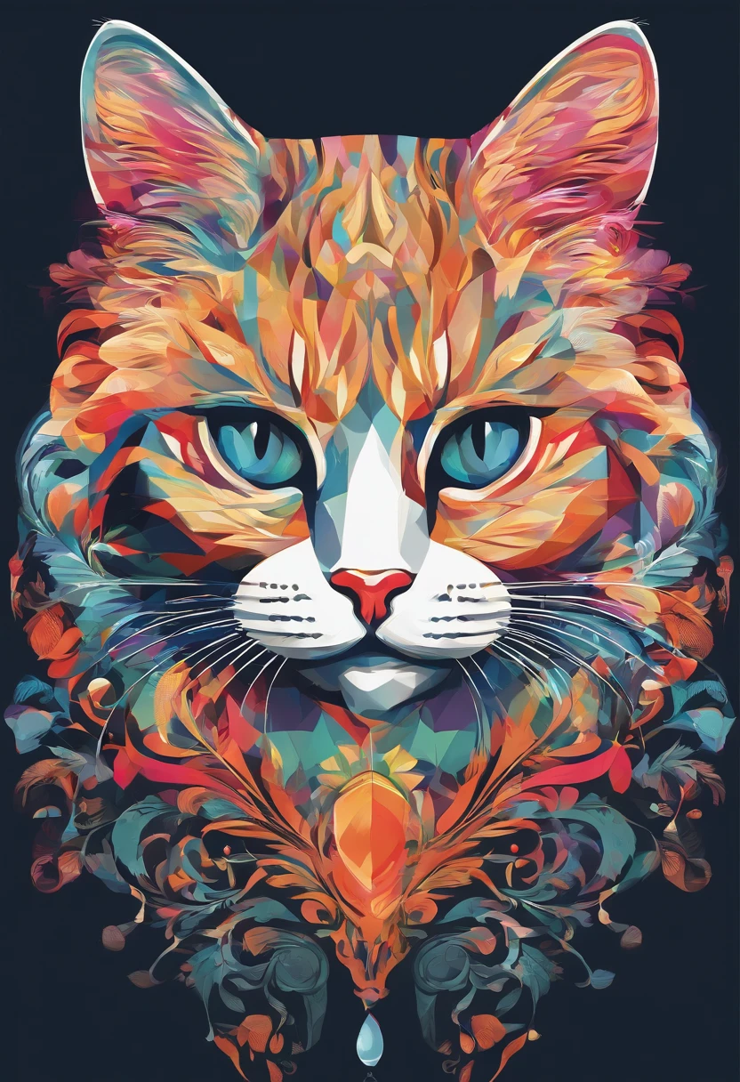 Colorful Logo,Colorful cat head minimalist vector art logo illustration, Frontal, Magic, Crisp design, suave, monochrome color, Dark Magic Colorful Splash Painting, tshirt design, In the style of Studio Ghibli, The design must be vector art, Cat introduction. Using Adobe Illustrator、Create sharpening, Simple looking logo, But fascinating. Keep the design centered on the cat's eye, Capture its uniqueness and charm. The logo should evoke a sense of sophistication and tranquility. Emphasis on low-poly style、Add a little luxury. The overall aesthetic must be elegant and elegant, Related to branding and logo objectives, (without background), ((Symmetrymeter)),It's a colorful cat