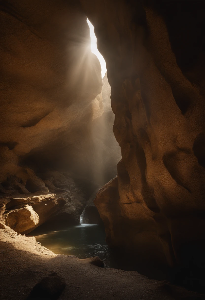 make an image of a realistic cave being seen from the entrance door with stalachitite, a light making a shadow