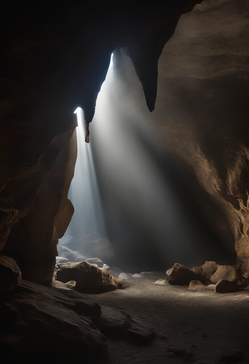 make an image of a realistic cave being seen from the entrance door with stalachitite, a light making a shadow