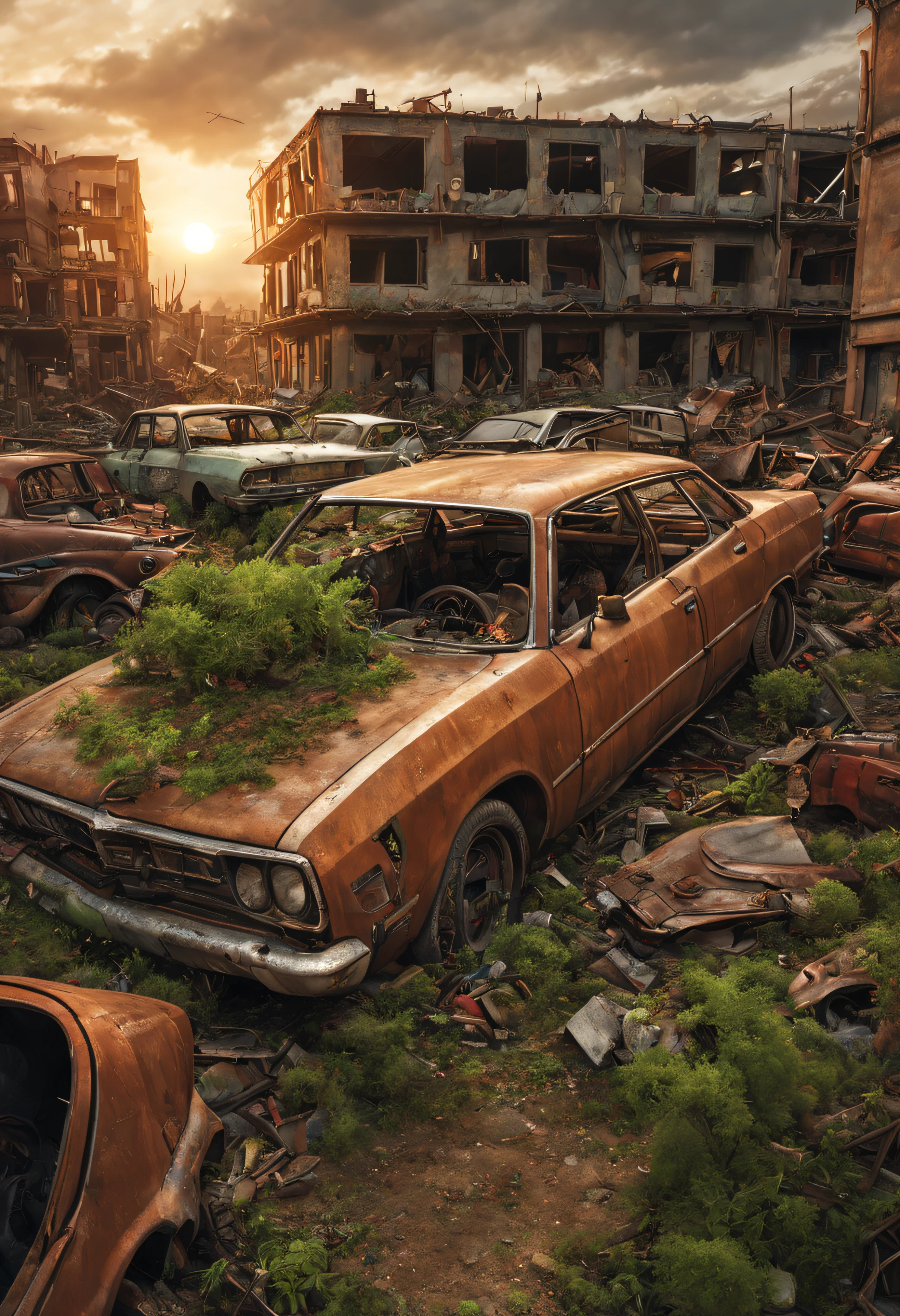 (best quality, HDR, ultra-detailed, realistic:1.37), post-apocalyptic, 3D abandoned city, destroyed buildings, plane crashed, car graveyard, abandoned cars, vegetation next to buildings, abandoned vehicles strewn and stacked, sunset.